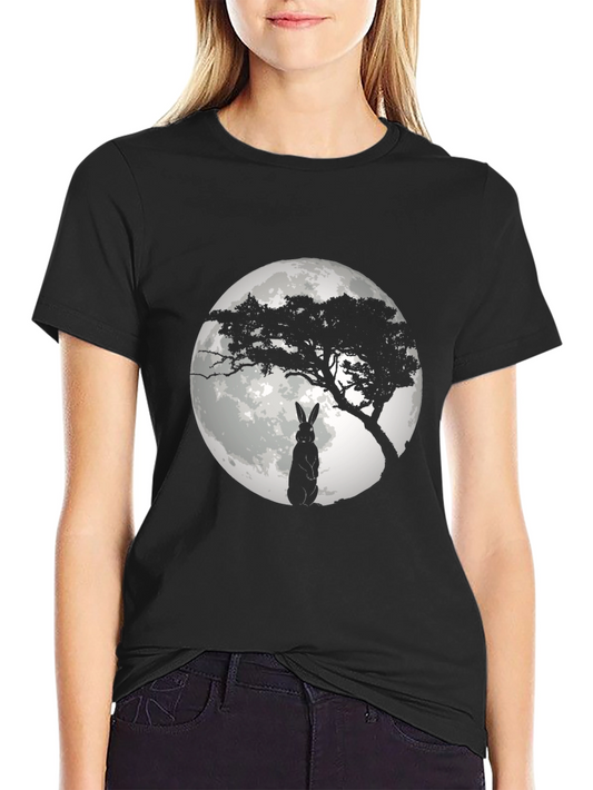 Moonlit Rabbit Graphic T-Shirt - Black Cotton Tee