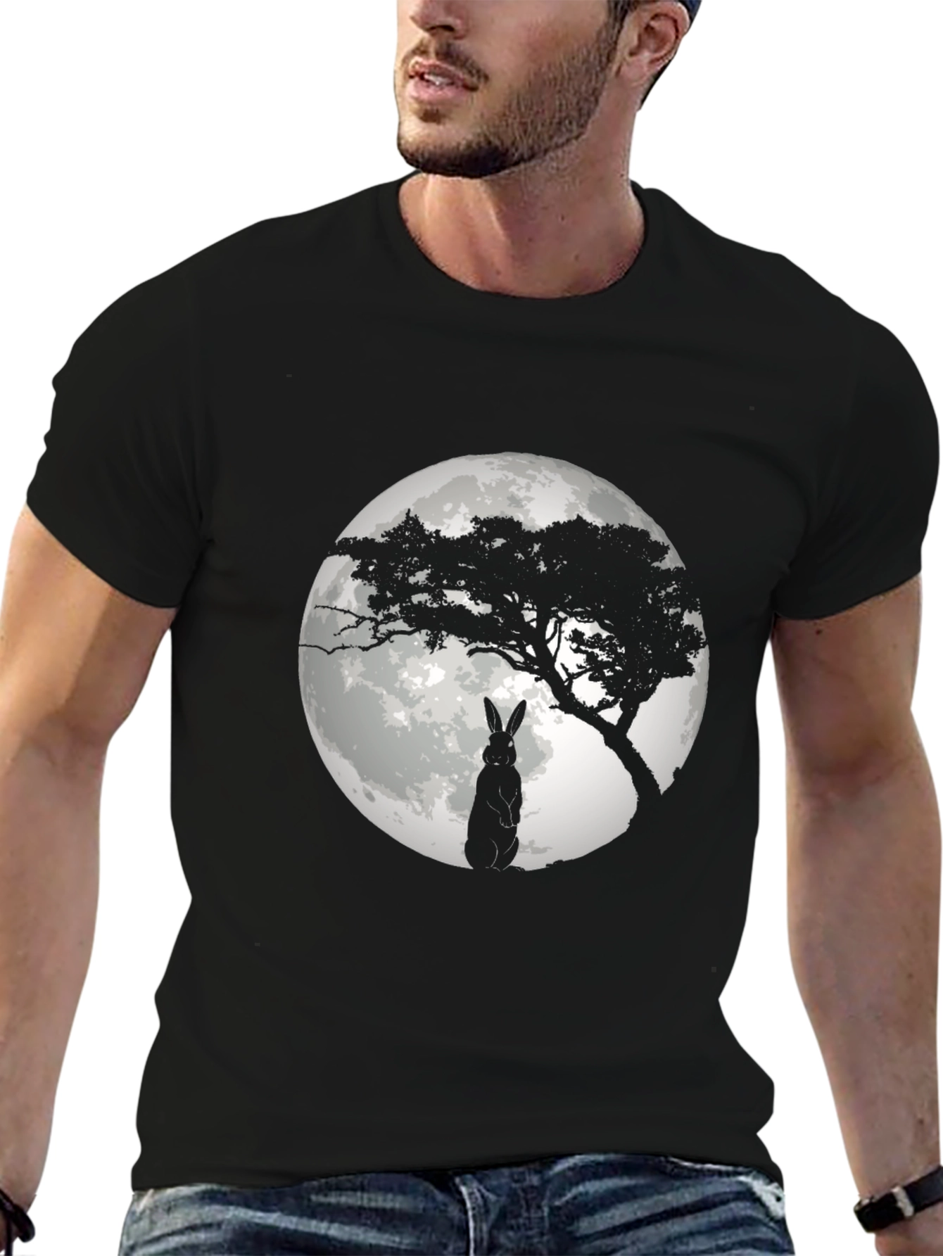 Moonlit Rabbit Graphic T-Shirt - Black Cotton Tee