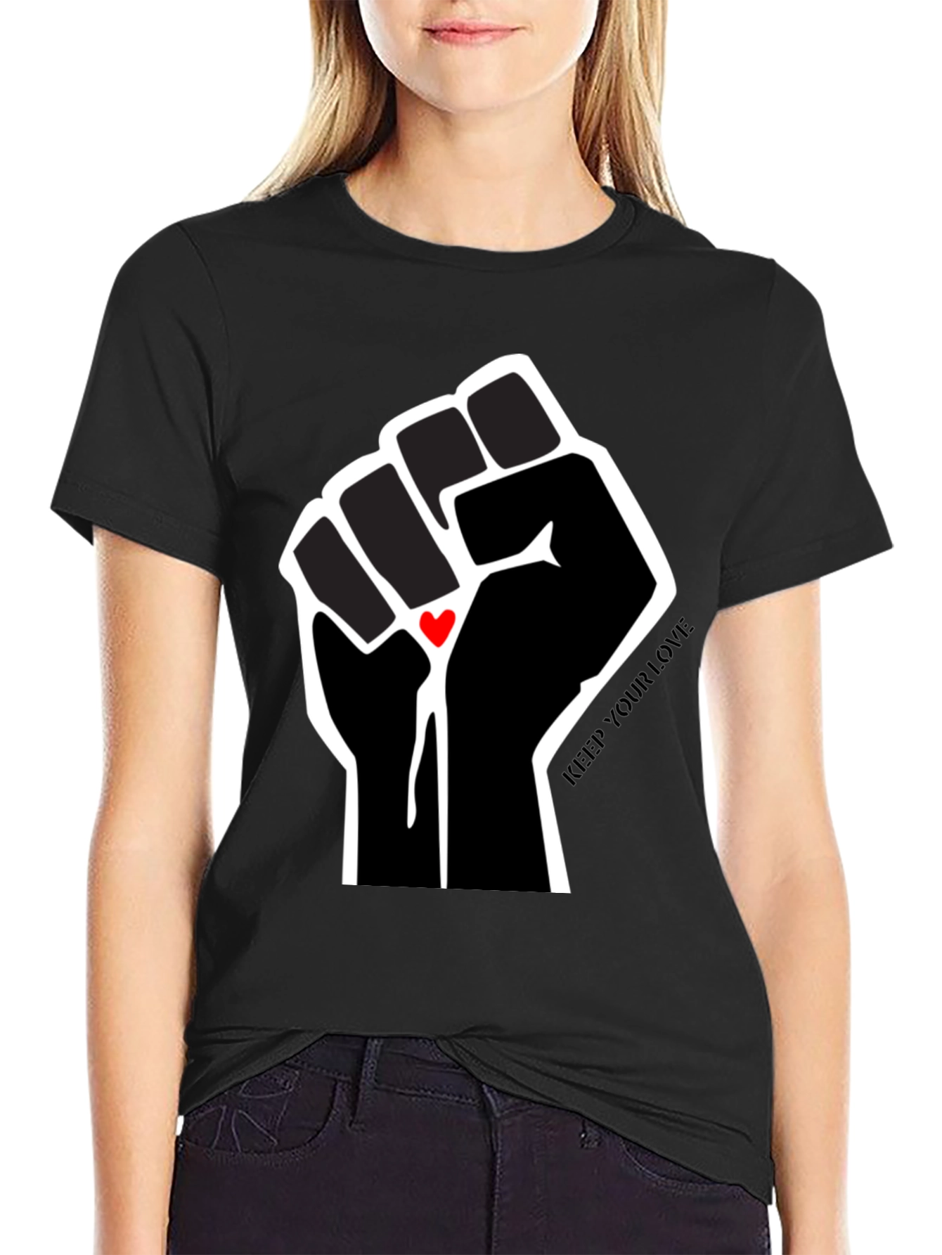 Empowered Love T-Shirt - Black Fist with Heart