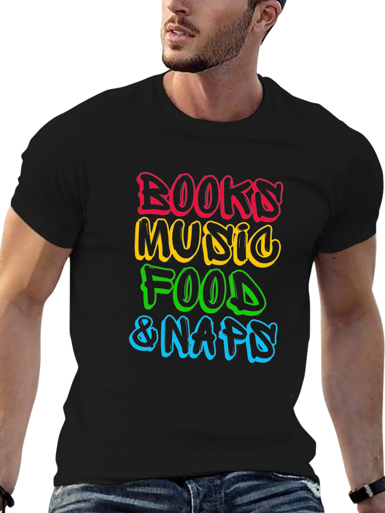 Books Music Food Naps Black T-Shirt