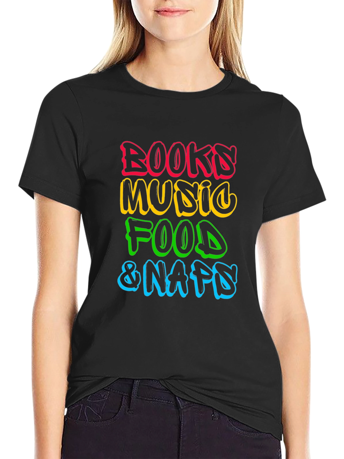 Books Music Food Naps Black T-Shirt