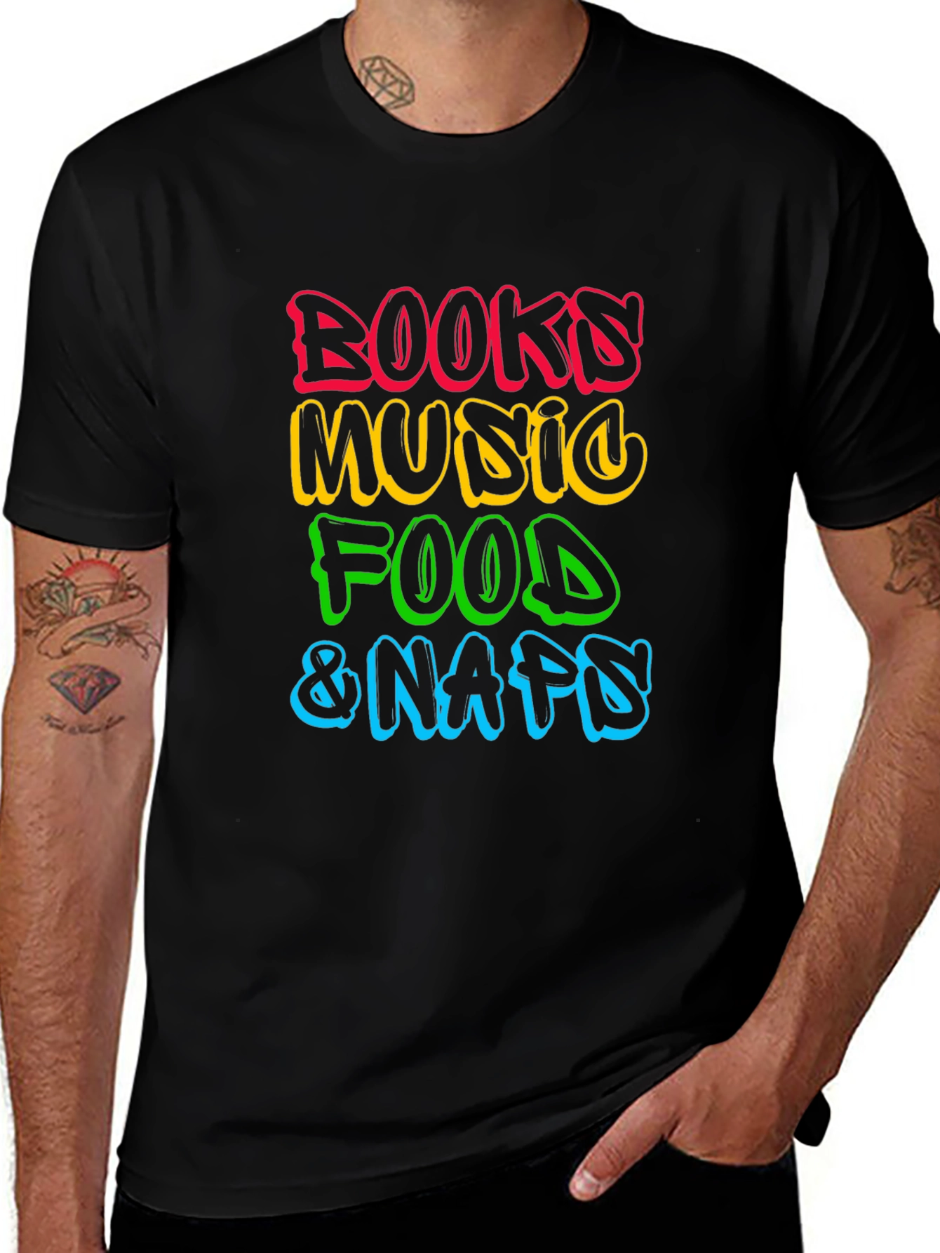 Books Music Food Naps Black T-Shirt