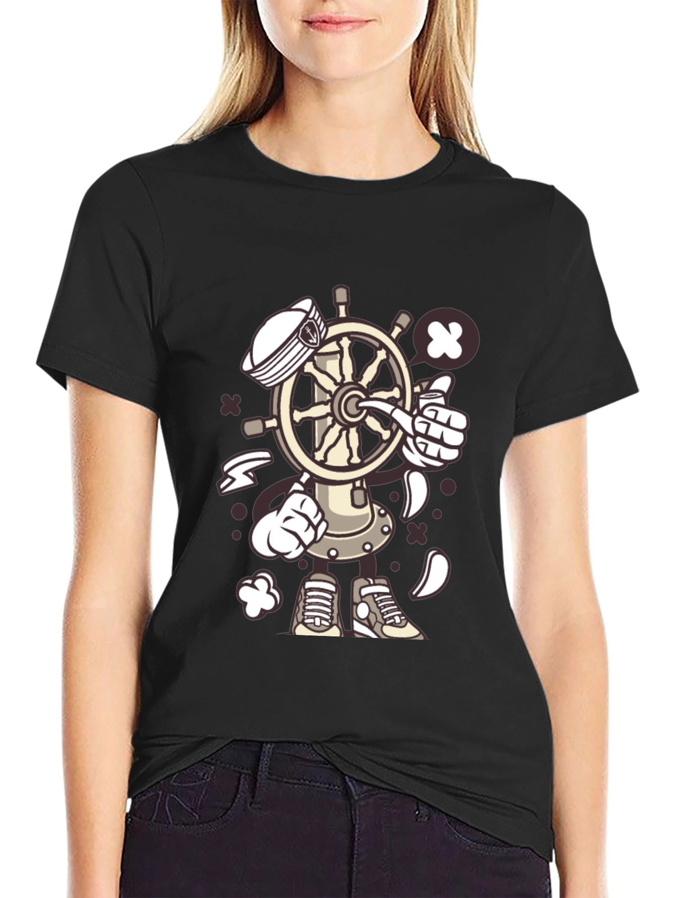 Nautical Cartooon Character Black T-Shirt
