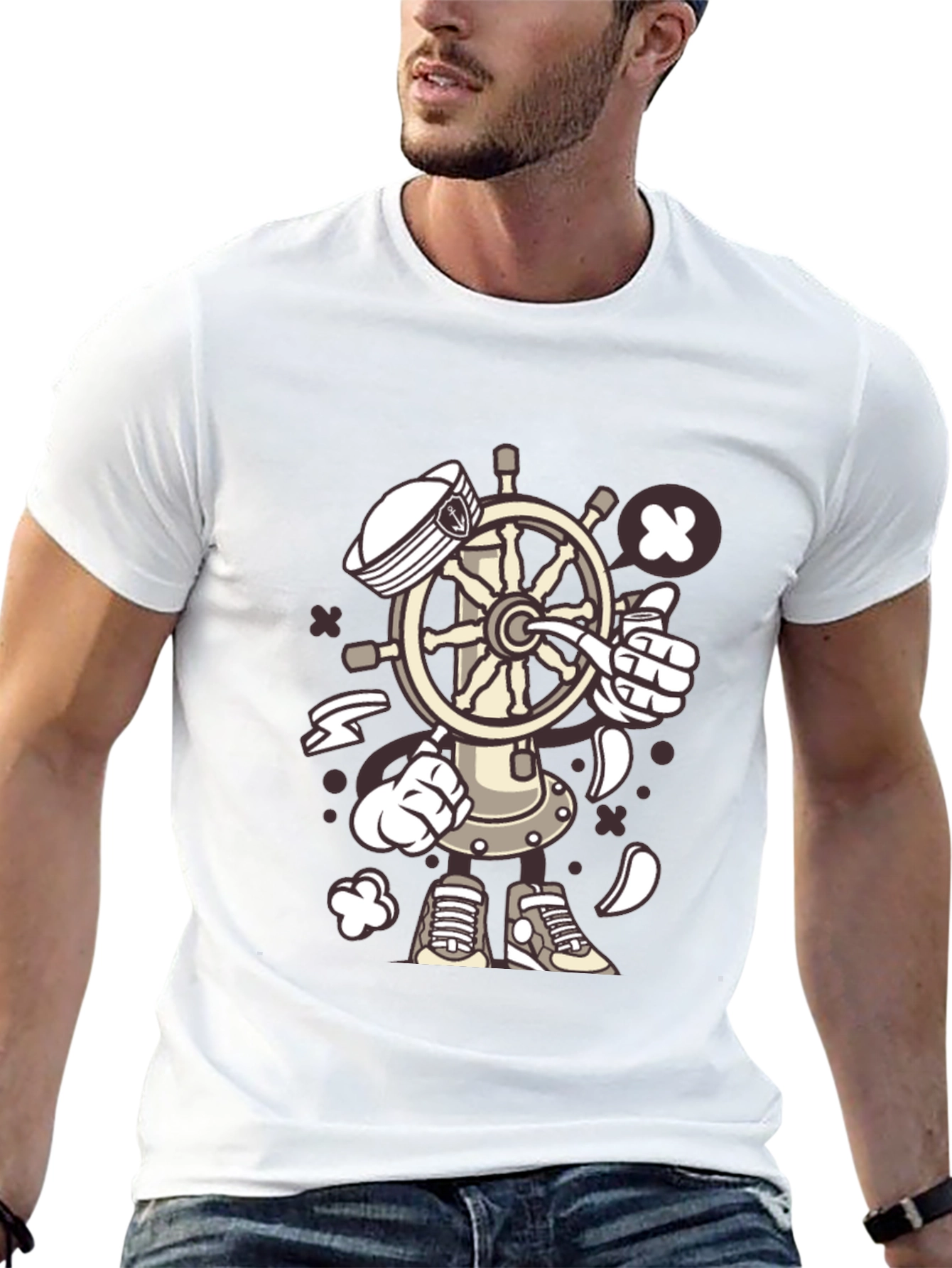 Nautical Cartooon Character Black T-Shirt