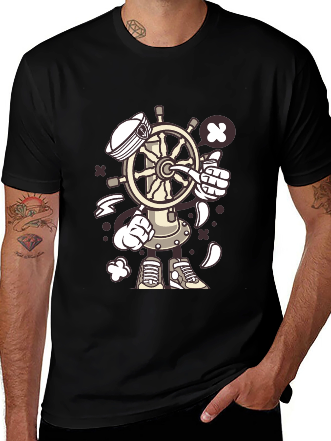 Nautical Cartooon Character Black T-Shirt
