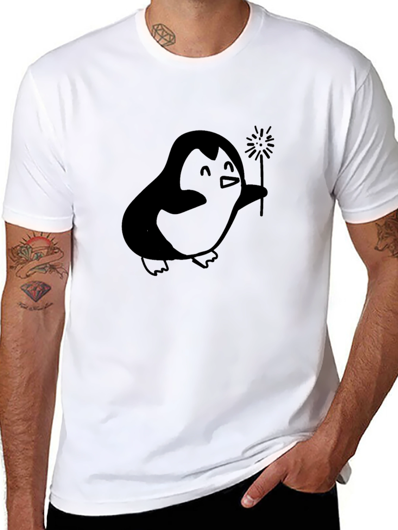Penguin Sparkler Graphic Tee - Black Cotton T-Shirt