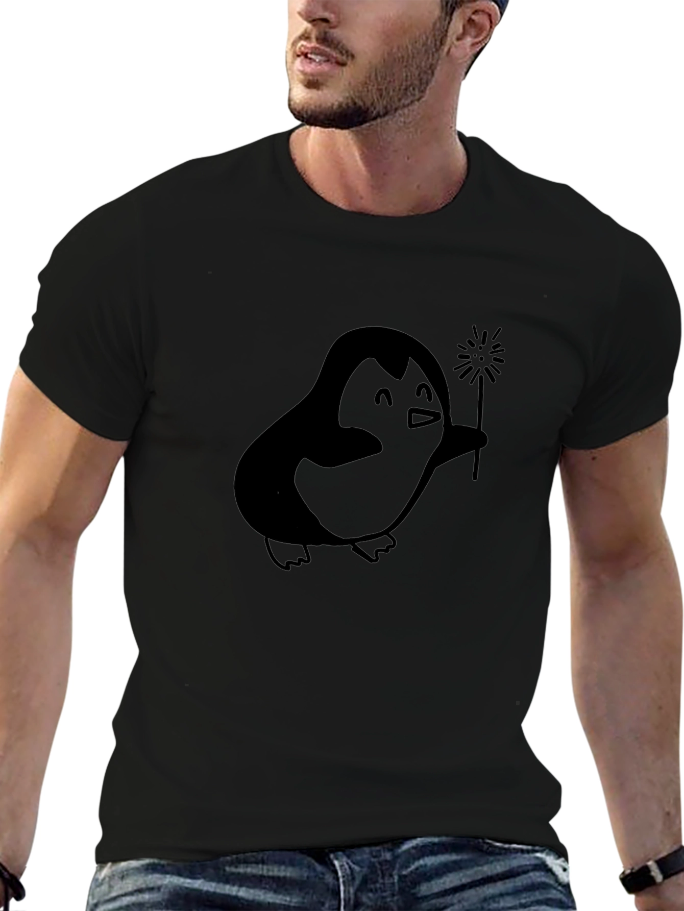 Penguin Sparkler Graphic Tee - Black Cotton T-Shirt