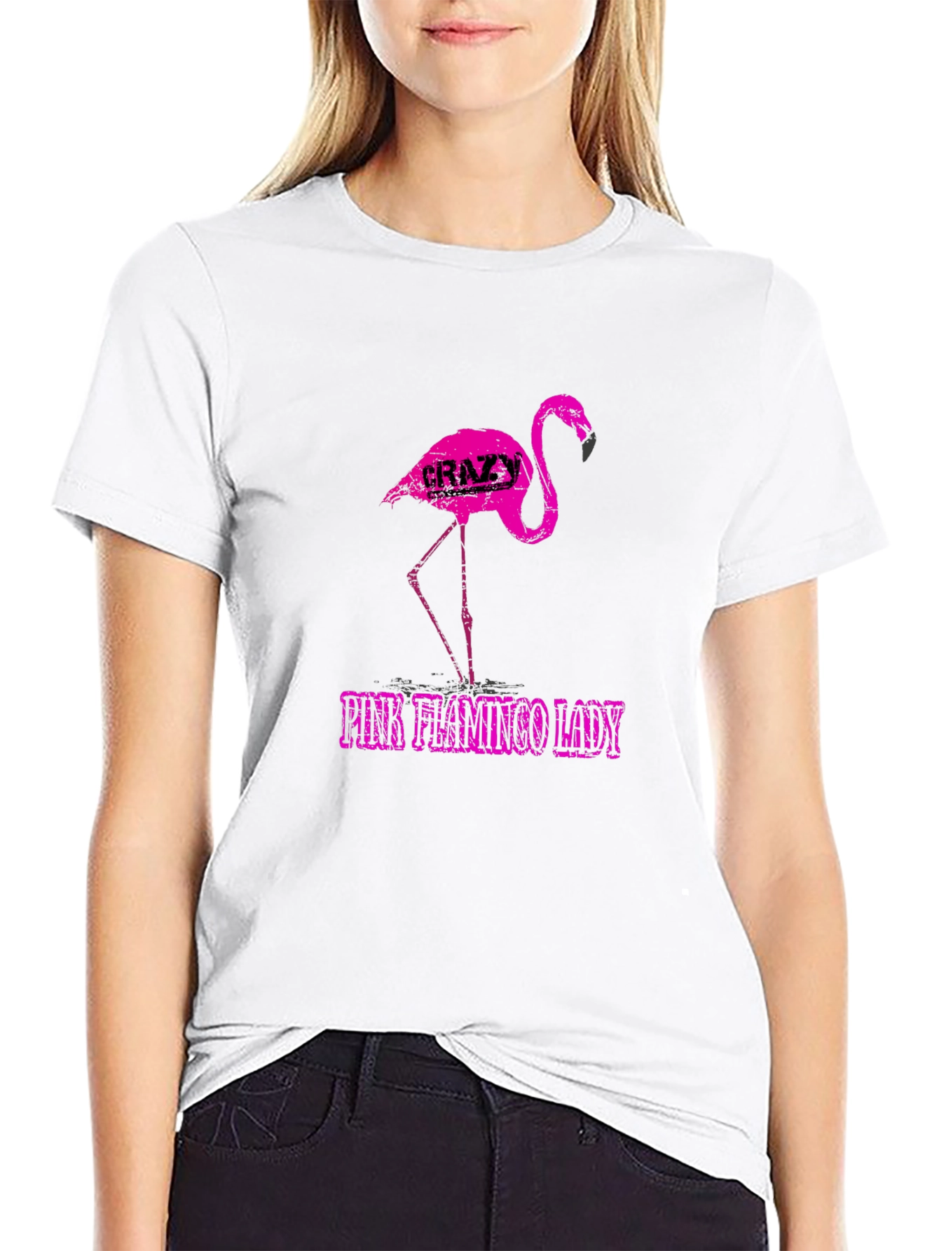 Crazy Pink Flamingo Lady Graphic Tee