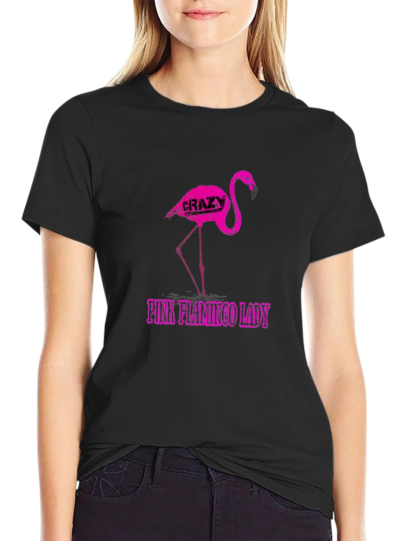 Crazy Pink Flamingo Lady Graphic Tee