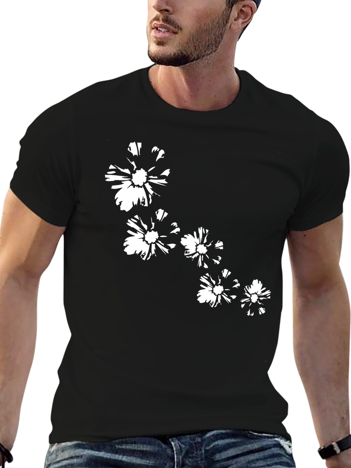 Black T-Shirt with Floral Design
