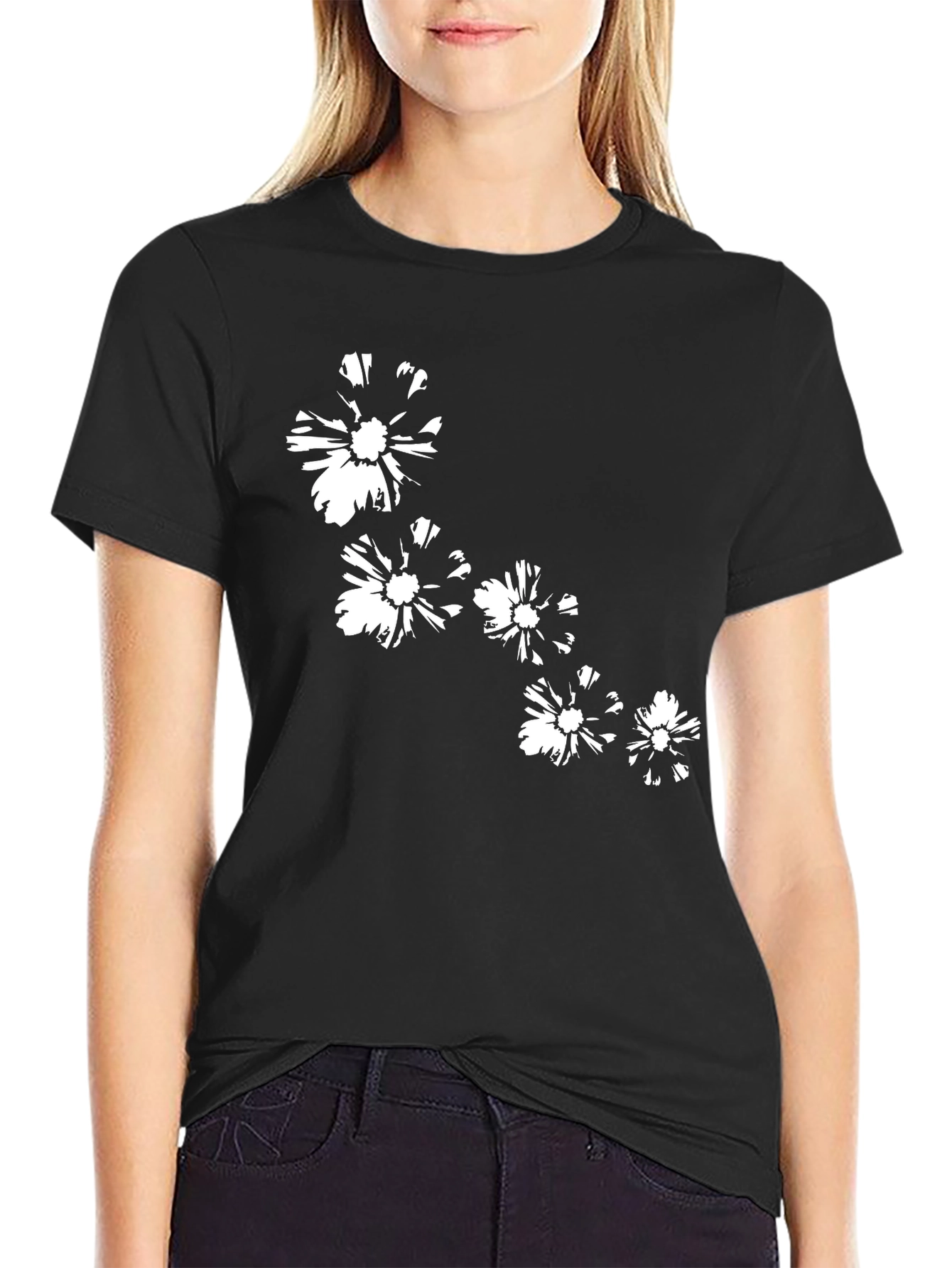 Black T-Shirt with Floral Design