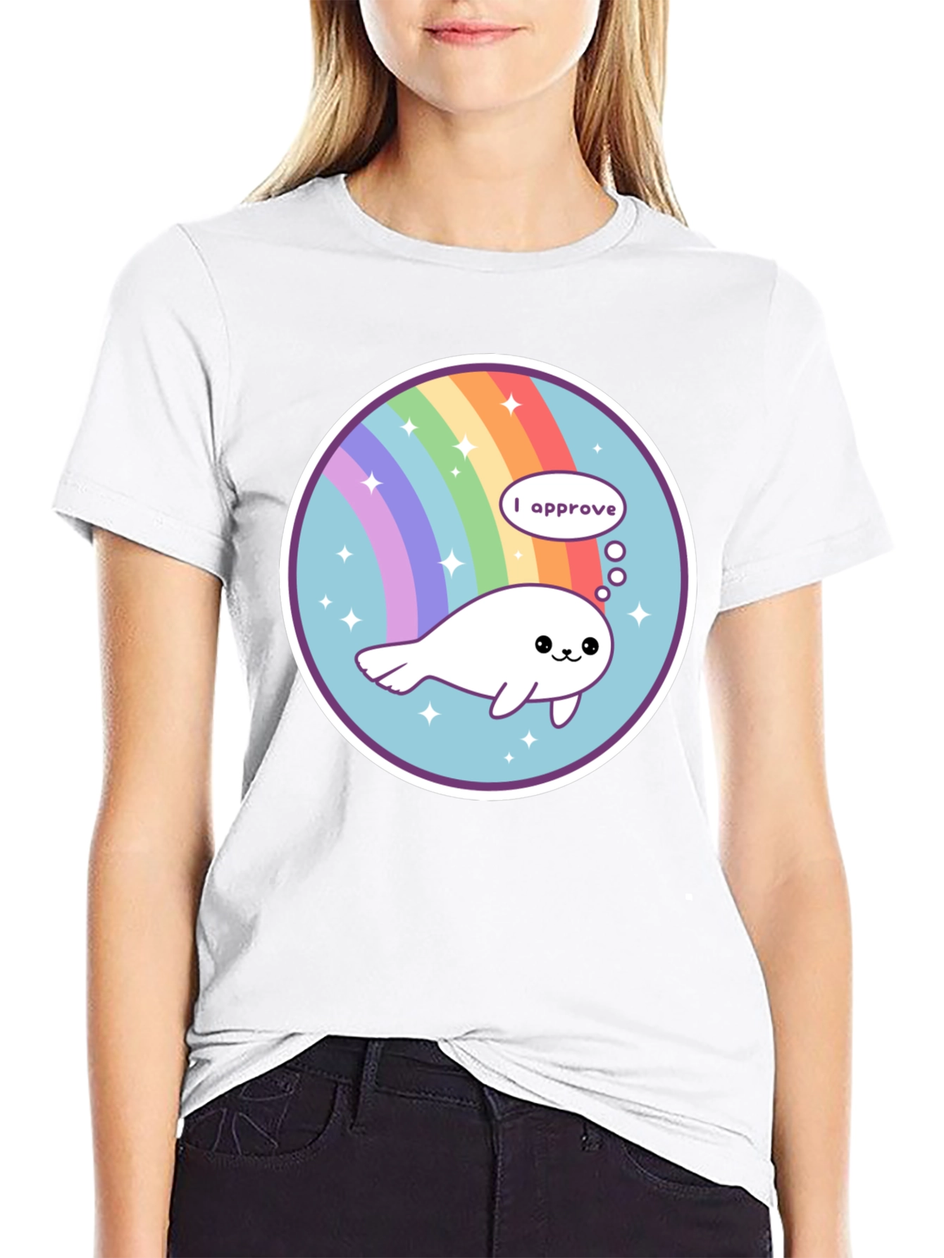 Cute Seal Rainbow Circle Black T-Shirt