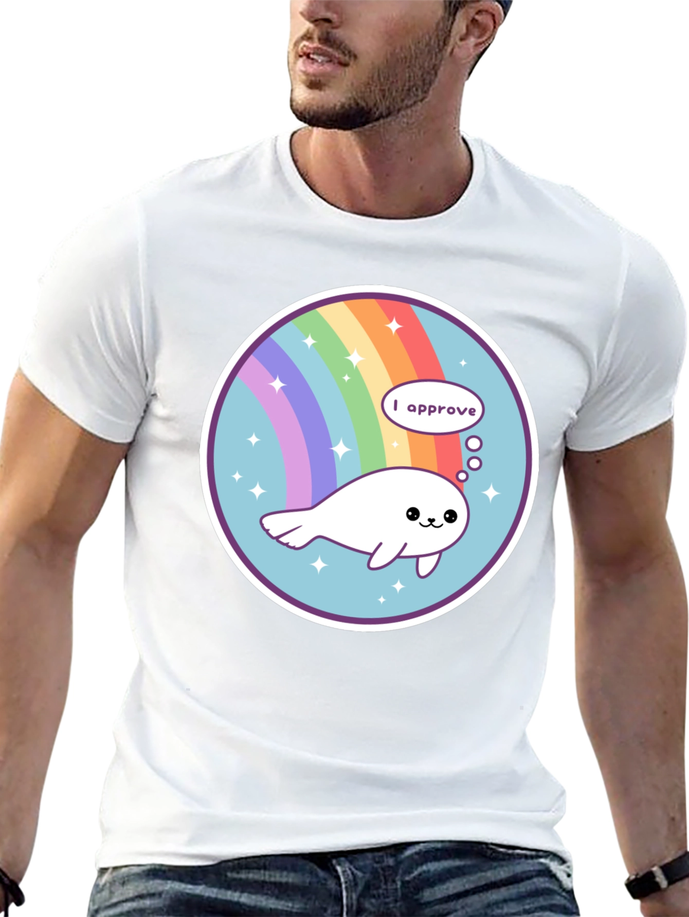 Cute Seal Rainbow Circle Black T-Shirt
