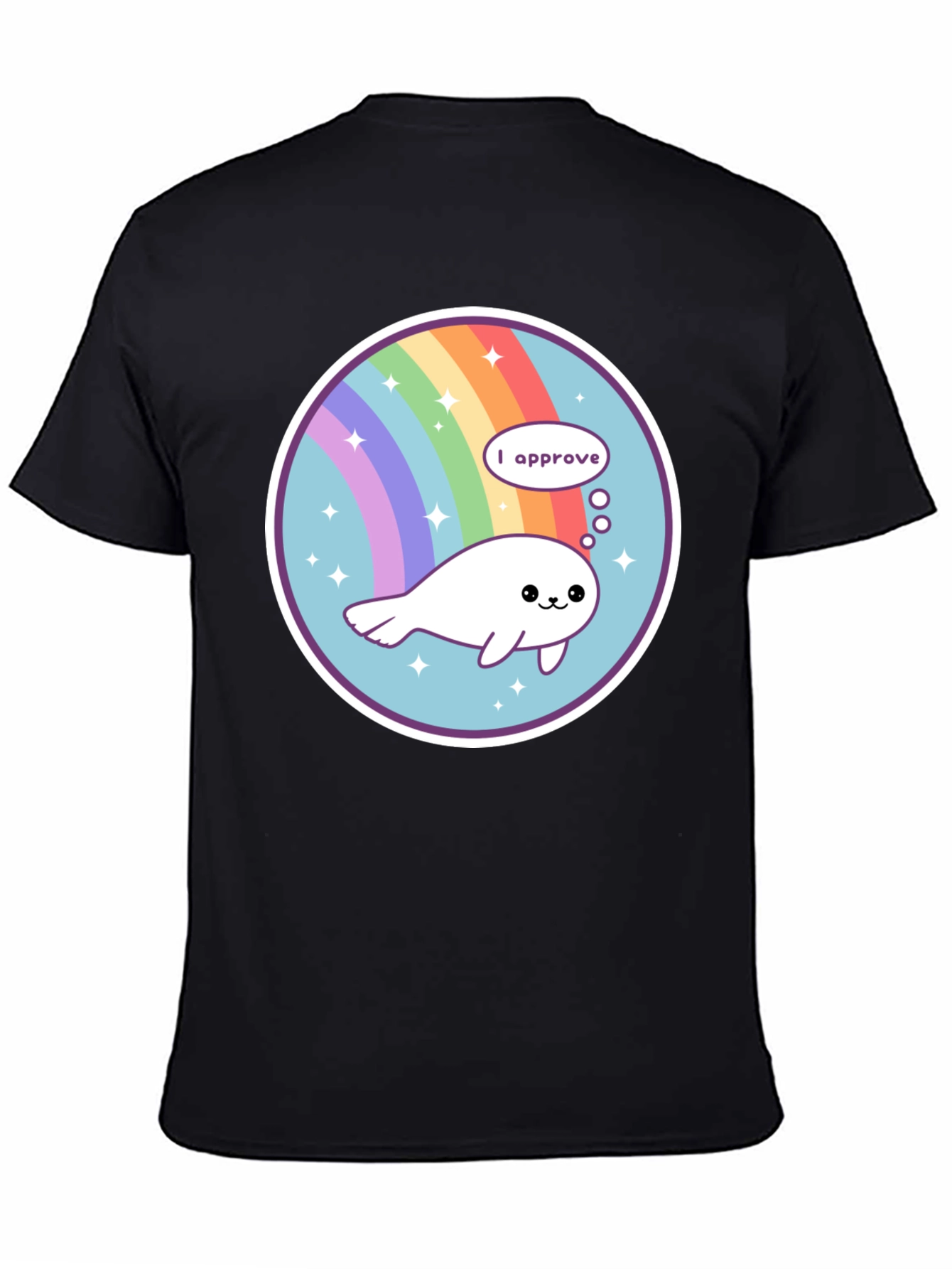 Cute Seal Rainbow Circle Black T-Shirt
