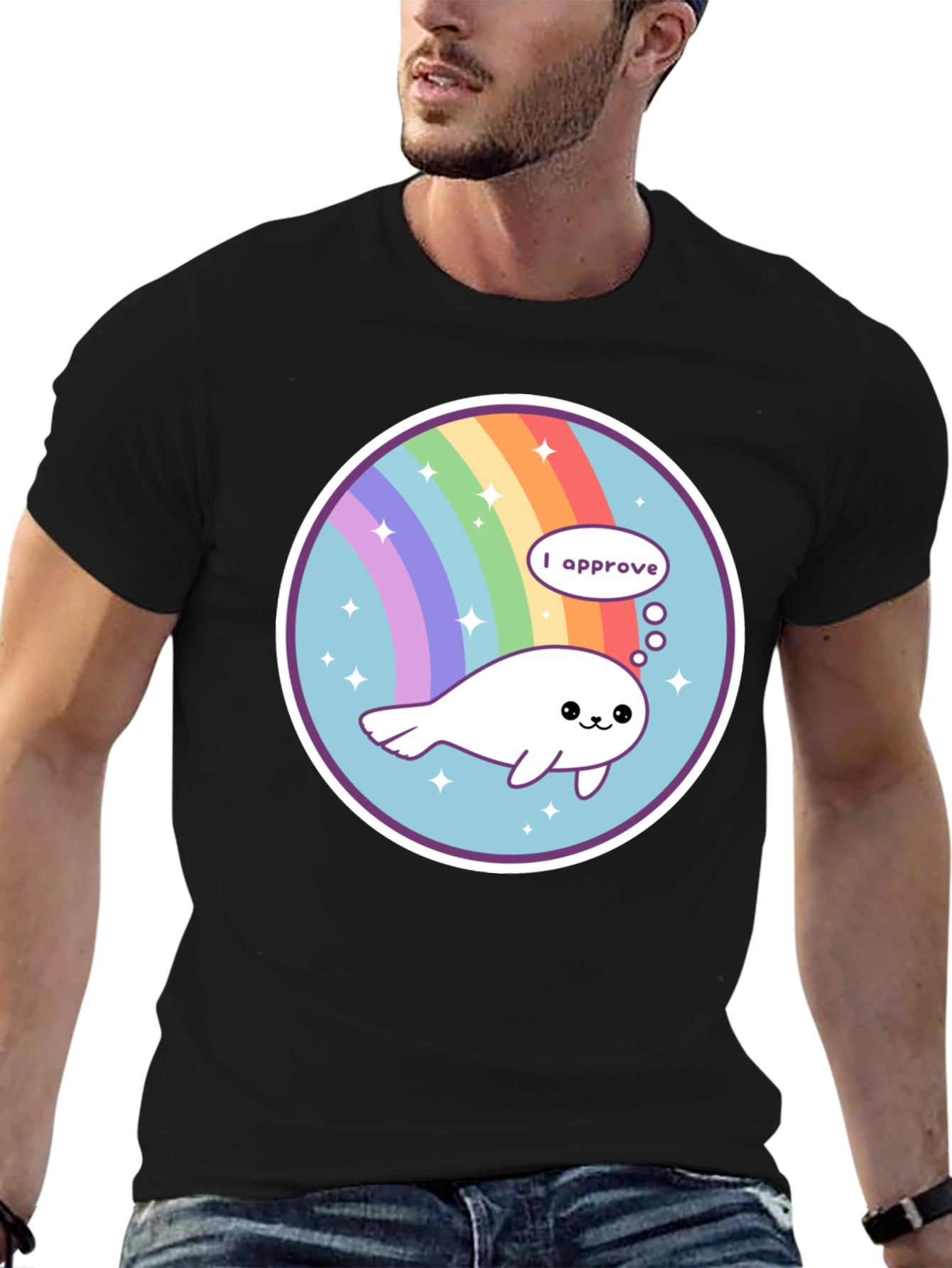 Cute Seal Rainbow Circle Black T-Shirt