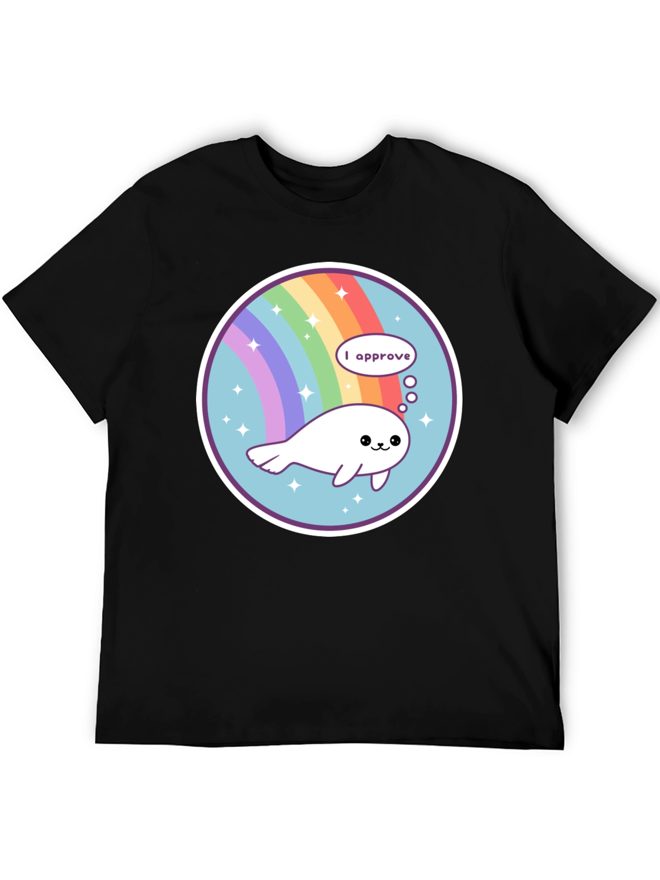 Cute Seal Rainbow Circle Black T-Shirt