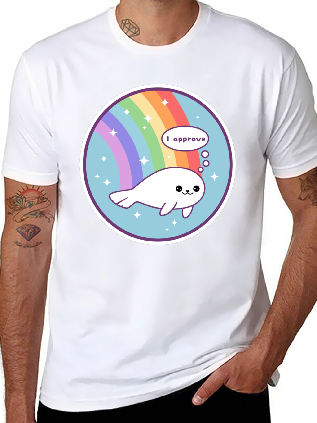 Cute Seal Rainbow Circle Black T-Shirt
