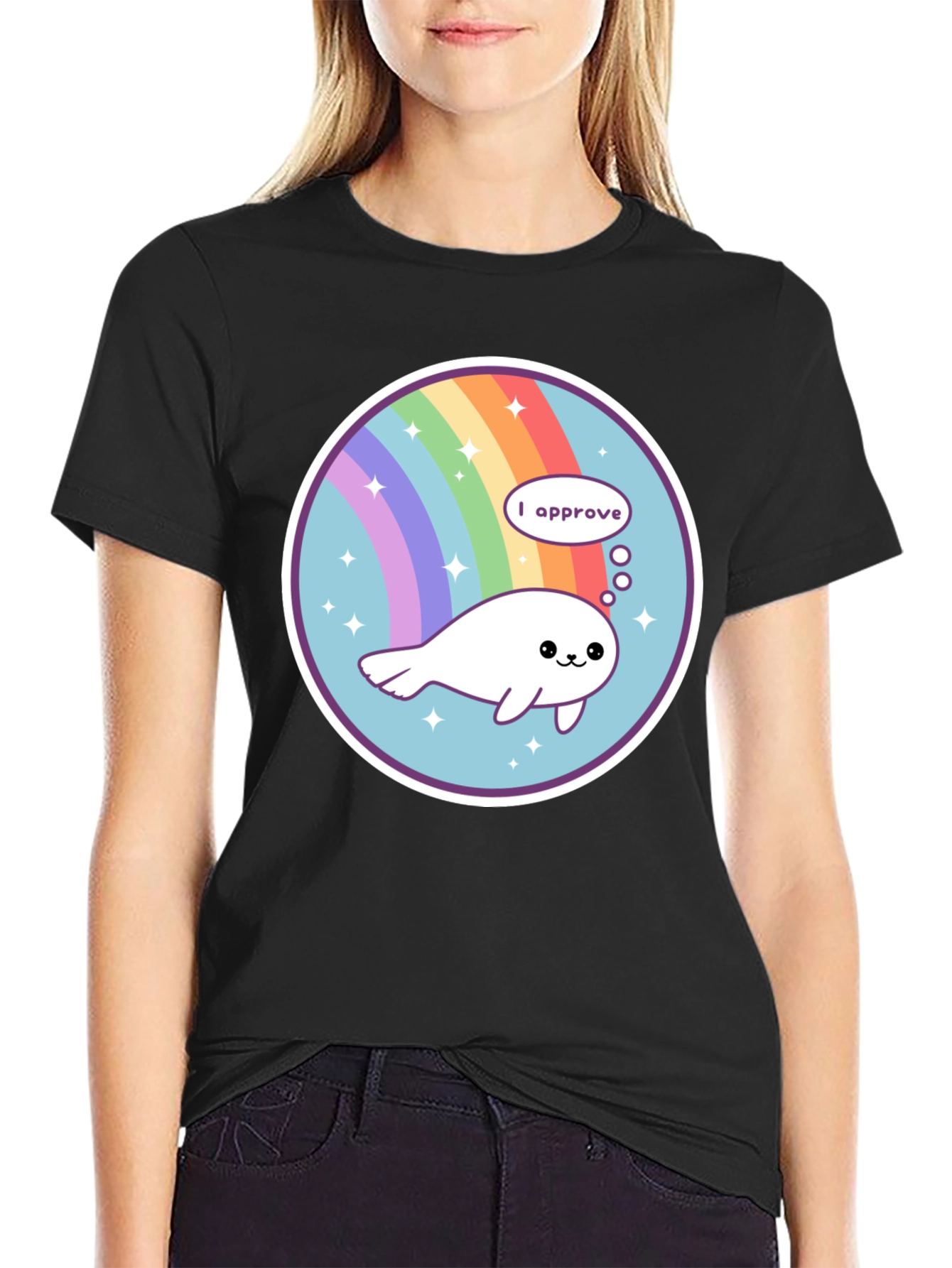 Cute Seal Rainbow Circle Black T-Shirt