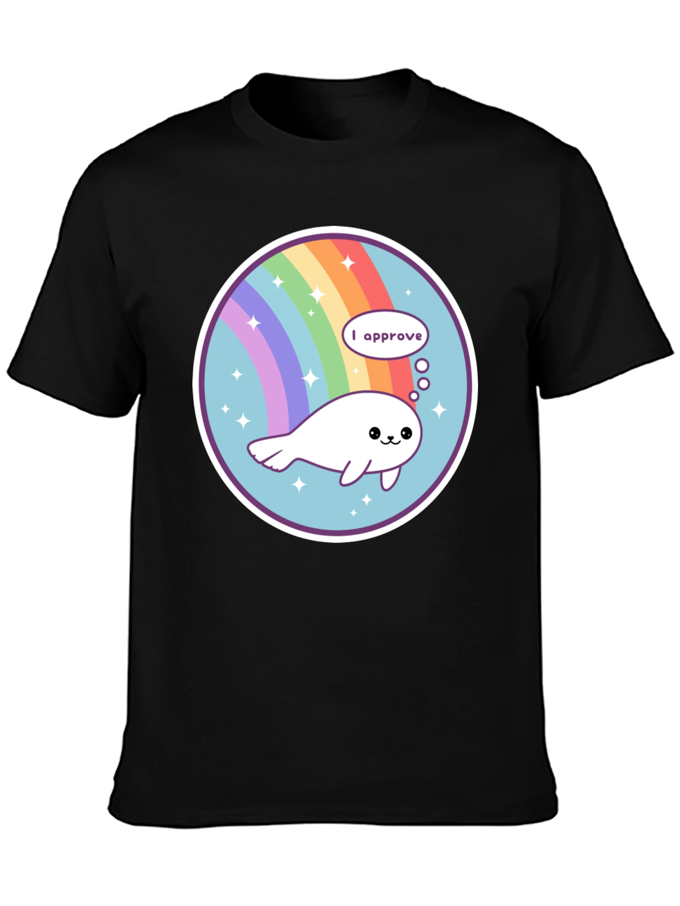 Cute Seal Rainbow Circle Black T-Shirt