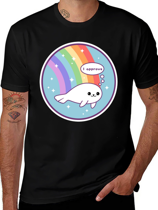 Cute Seal Rainbow Circle Black T-Shirt