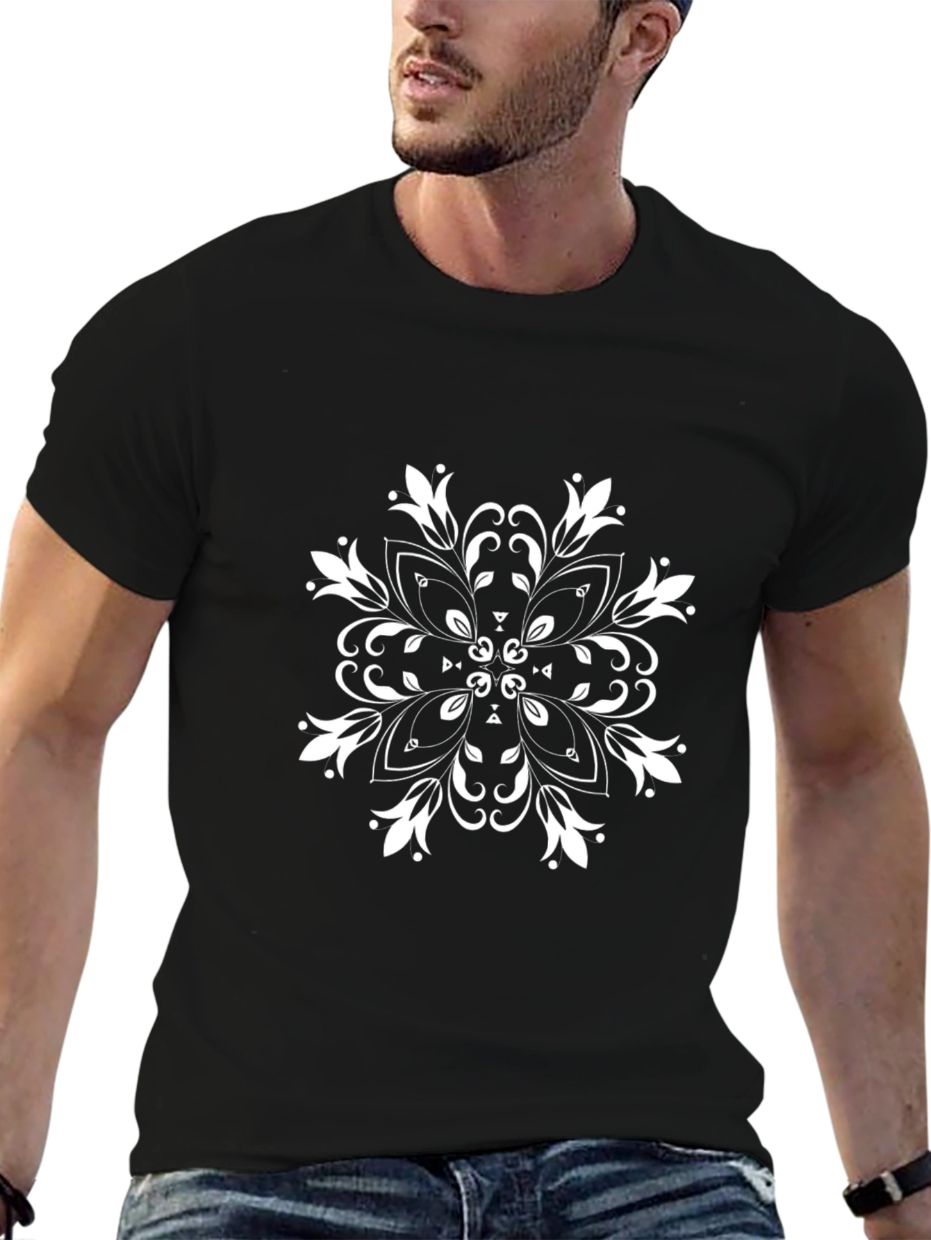 Black T-Shirt with White Floral Mandala Design