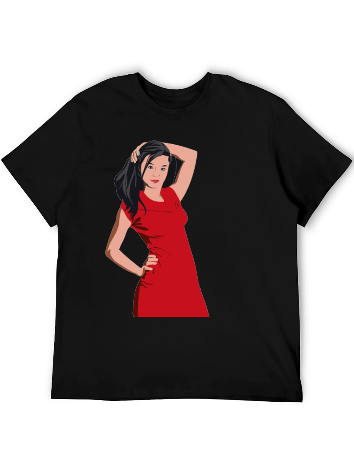 Black T-Shirt with Woman in Red Dress Graphic
