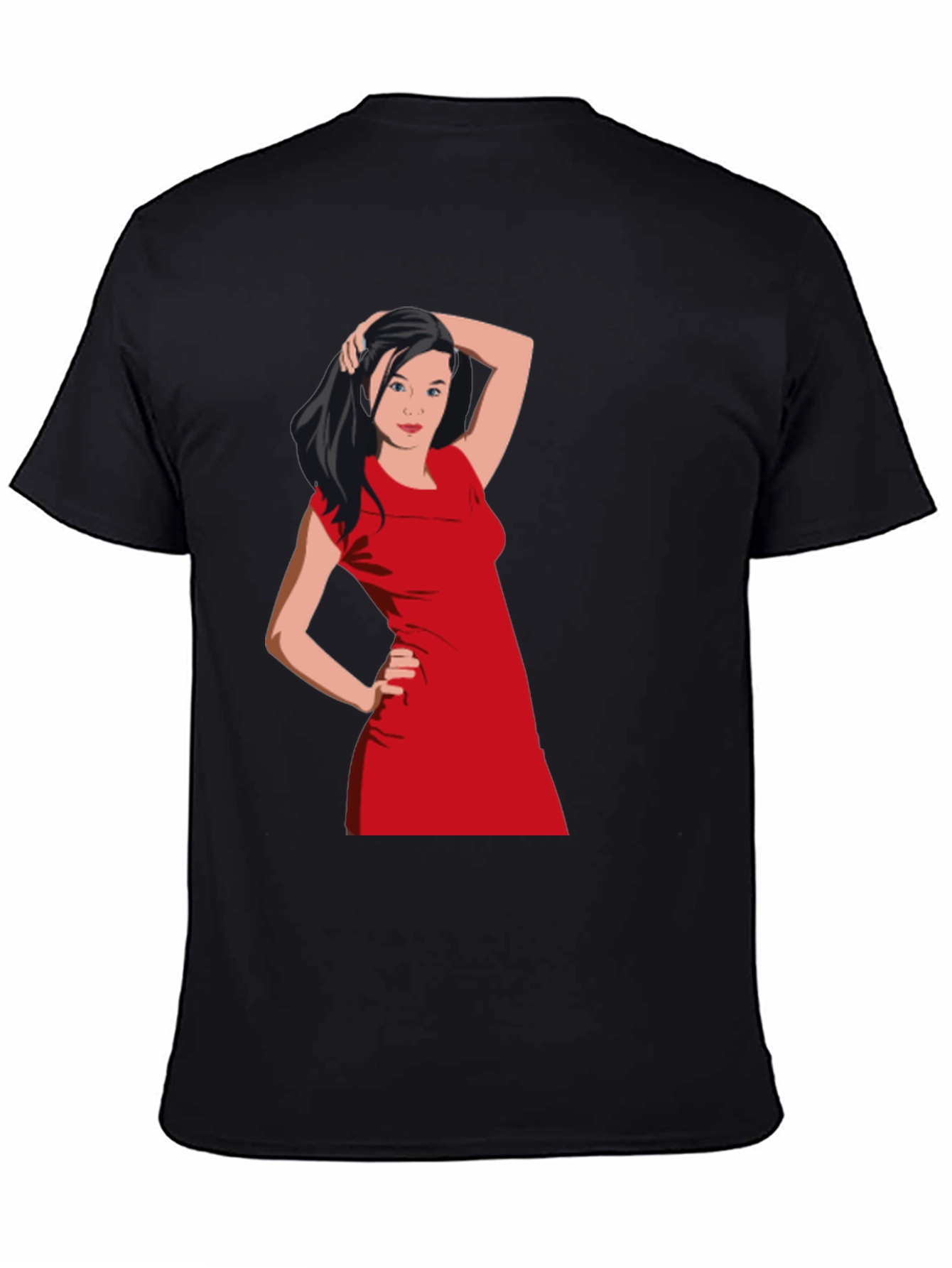 Black T-Shirt with Woman in Red Dress Graphic