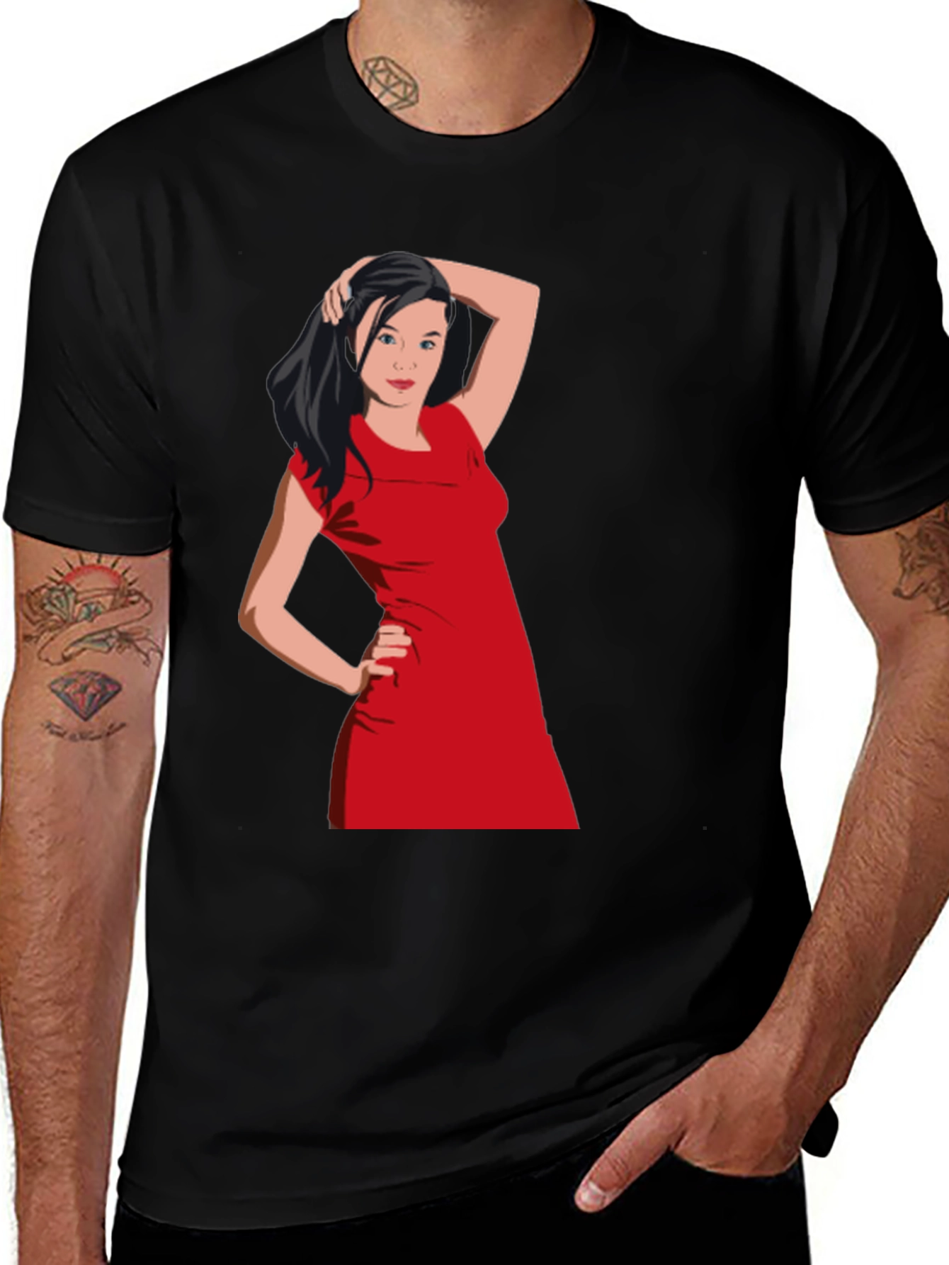 Black T-Shirt with Woman in Red Dress Graphic