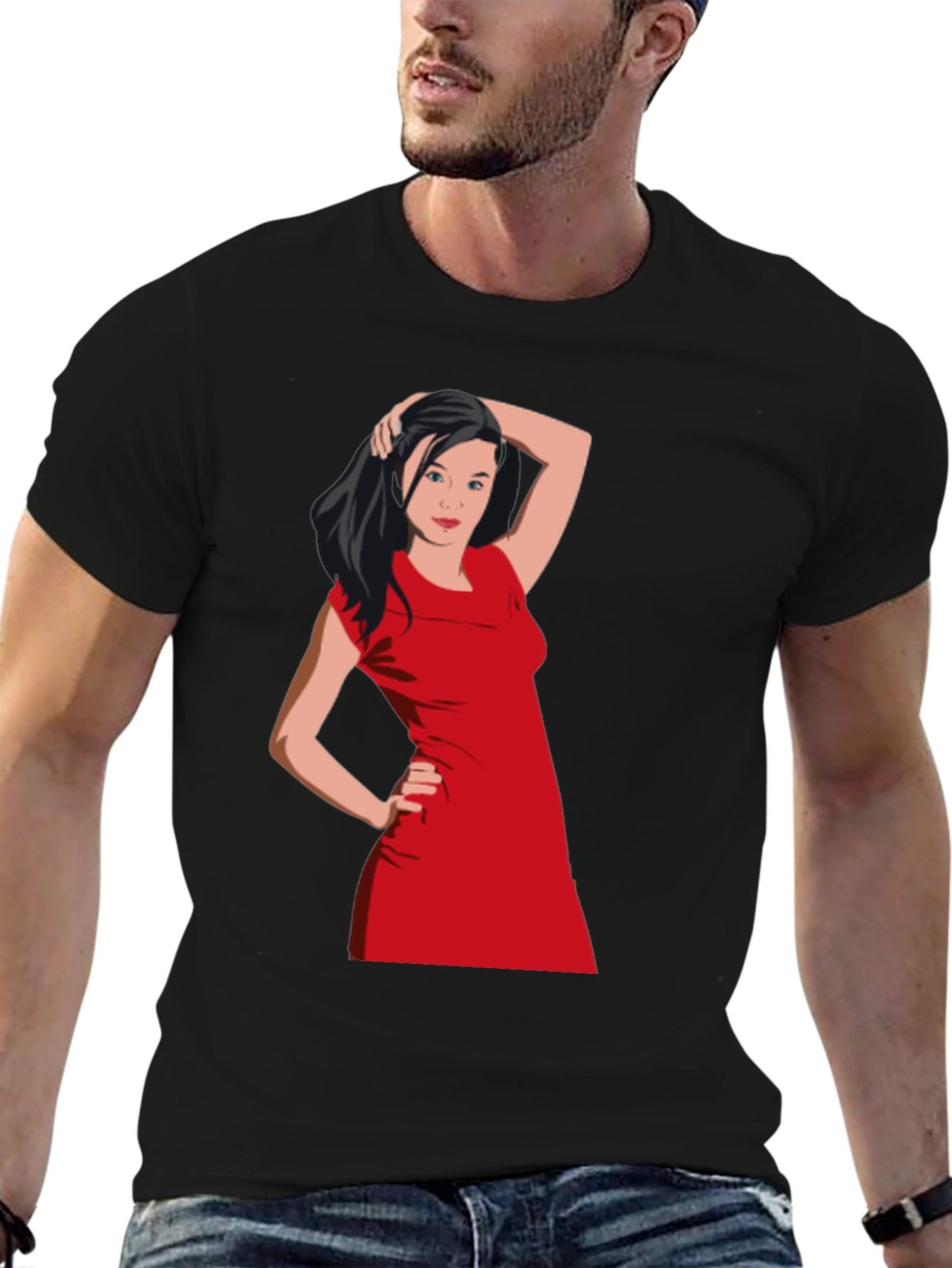 Black T-Shirt with Woman in Red Dress Graphic