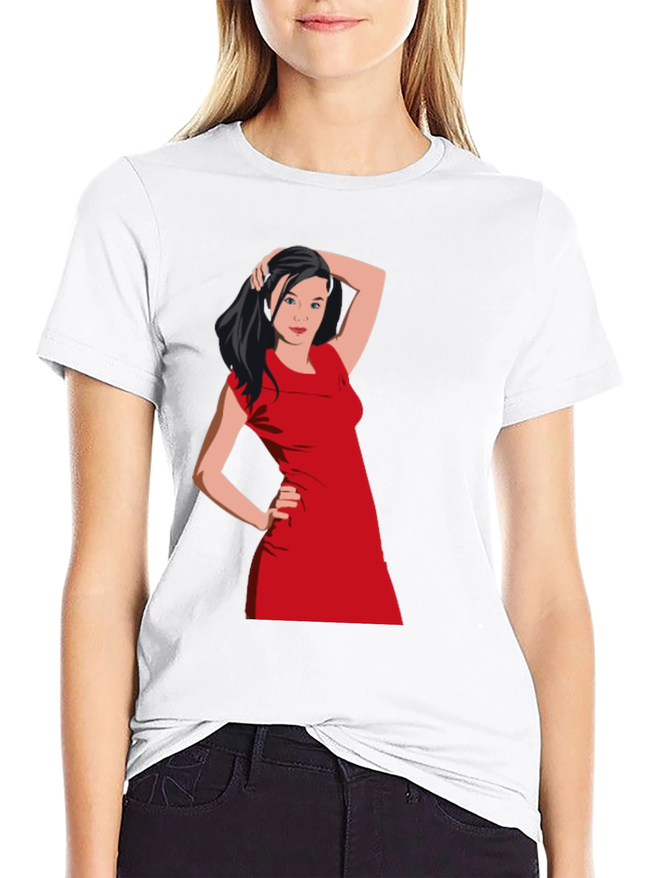 Black T-Shirt with Woman in Red Dress Graphic