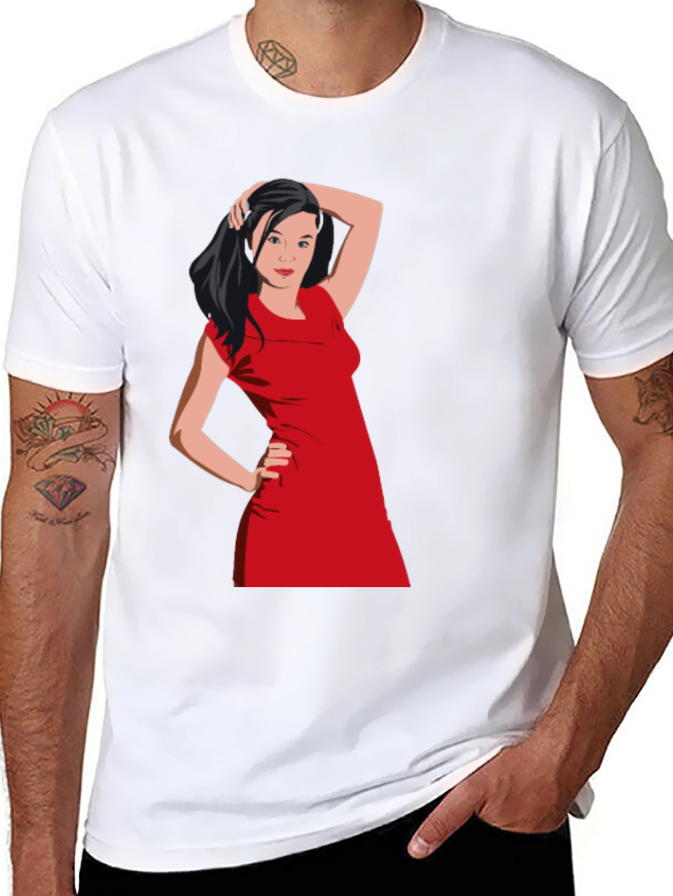 Black T-Shirt with Woman in Red Dress Graphic