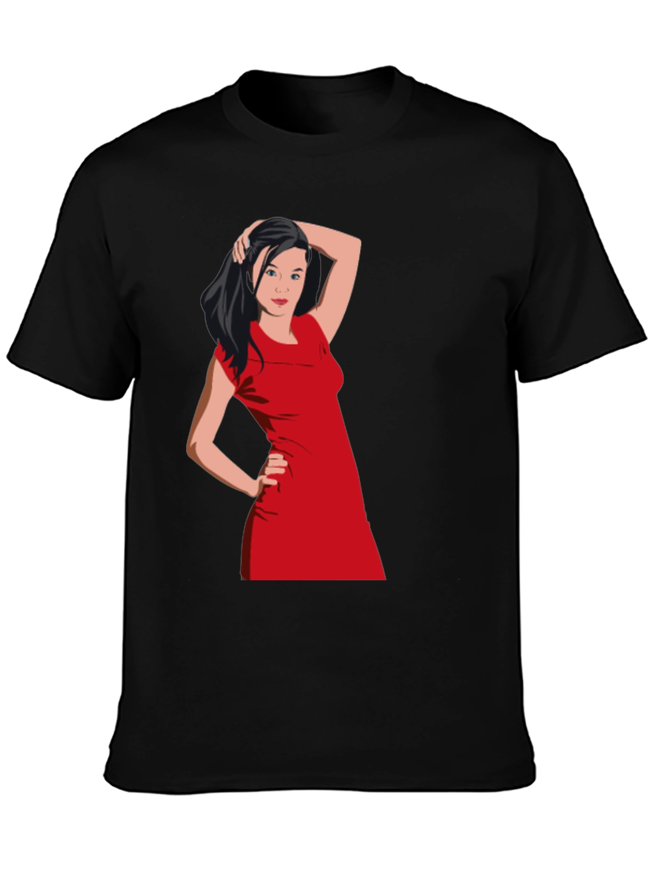 Black T-Shirt with Woman in Red Dress Graphic