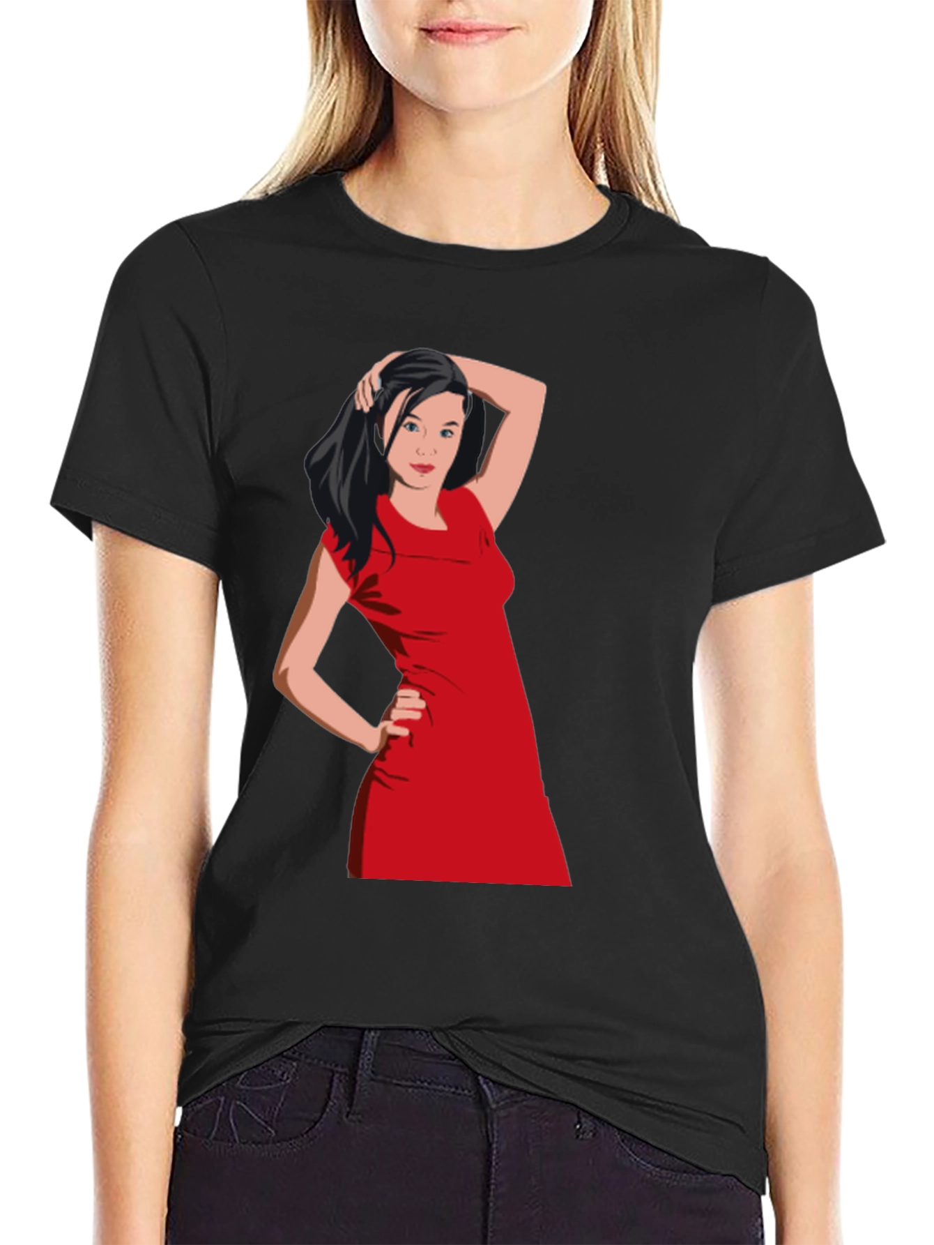 Black T-Shirt with Woman in Red Dress Graphic