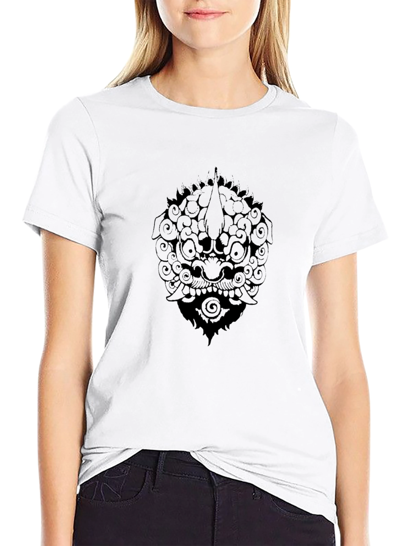 Black Graphic Tee: Foo Dog Design