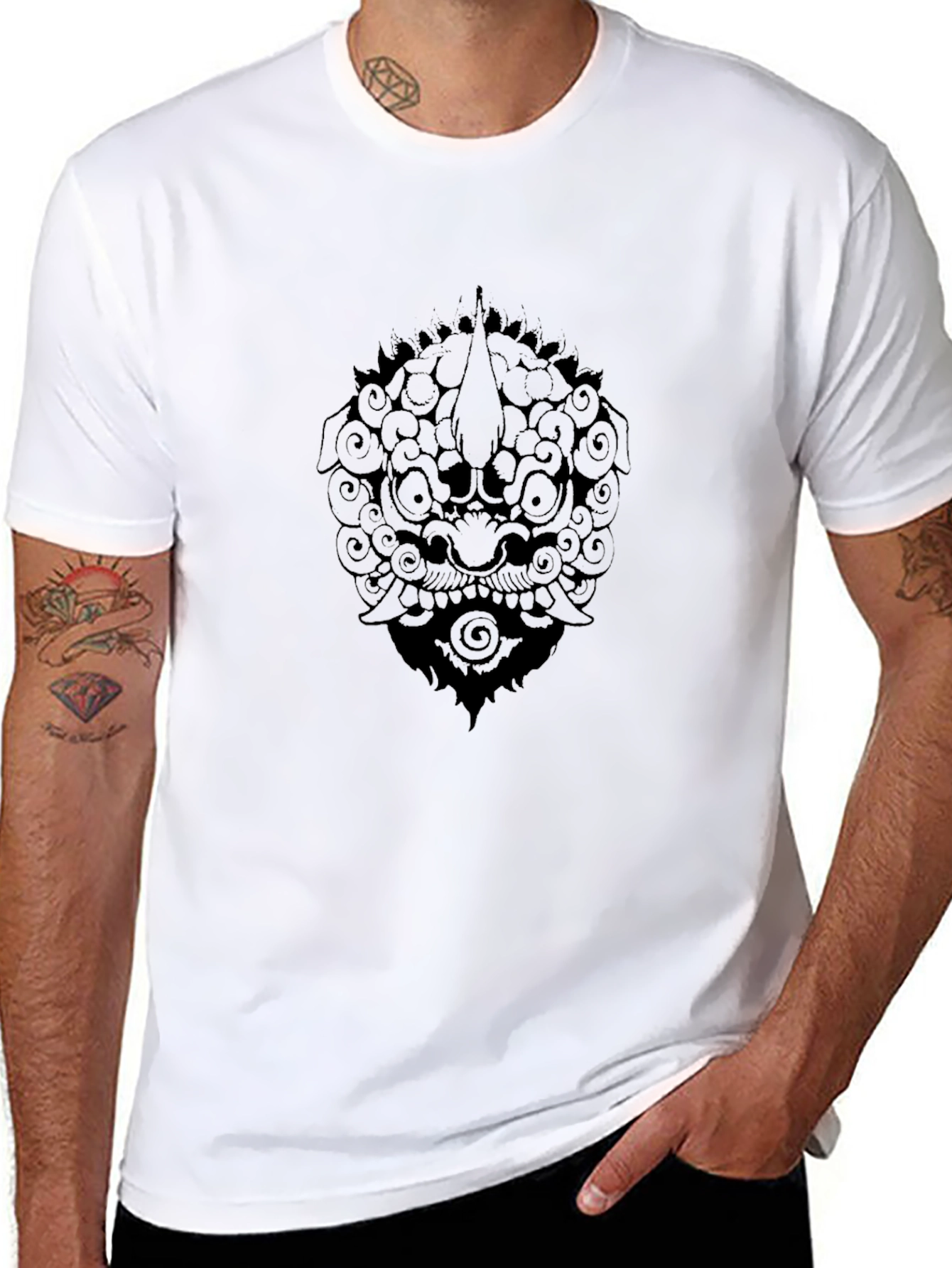 Black Graphic Tee: Foo Dog Design