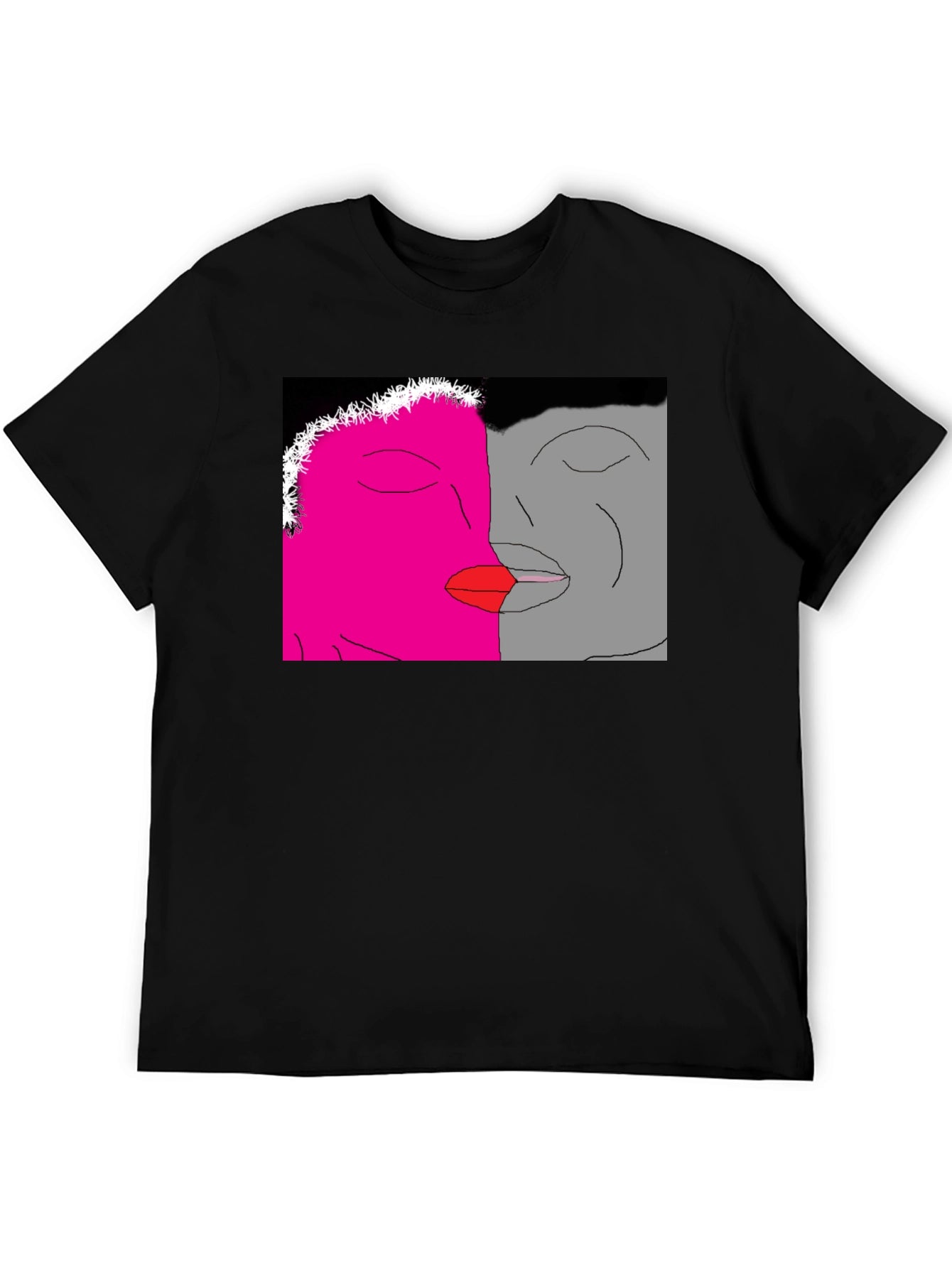 Unique Artistic Black T-Shirt with Kissing Faces Design