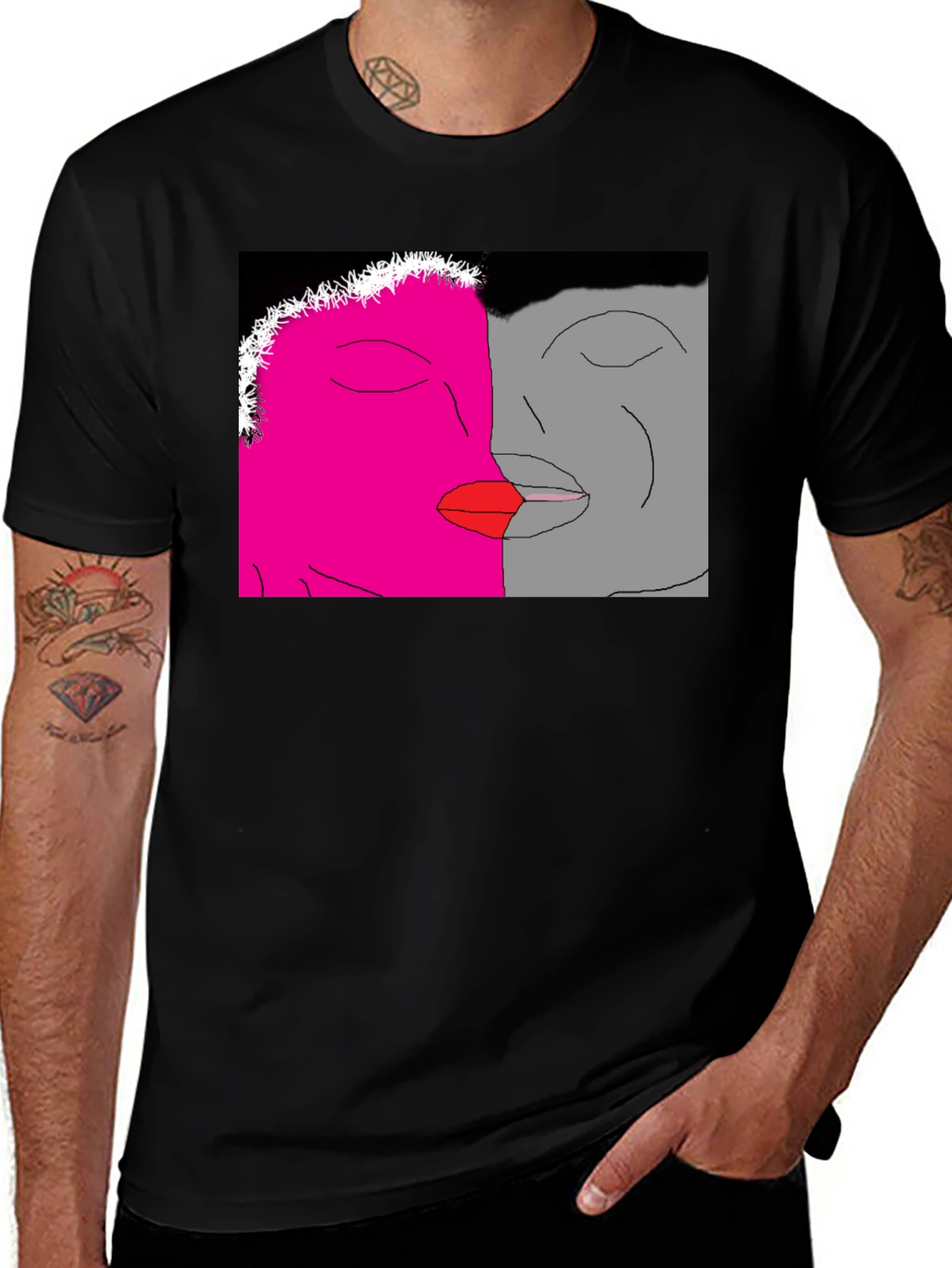 Unique Artistic Black T-Shirt with Kissing Faces Design