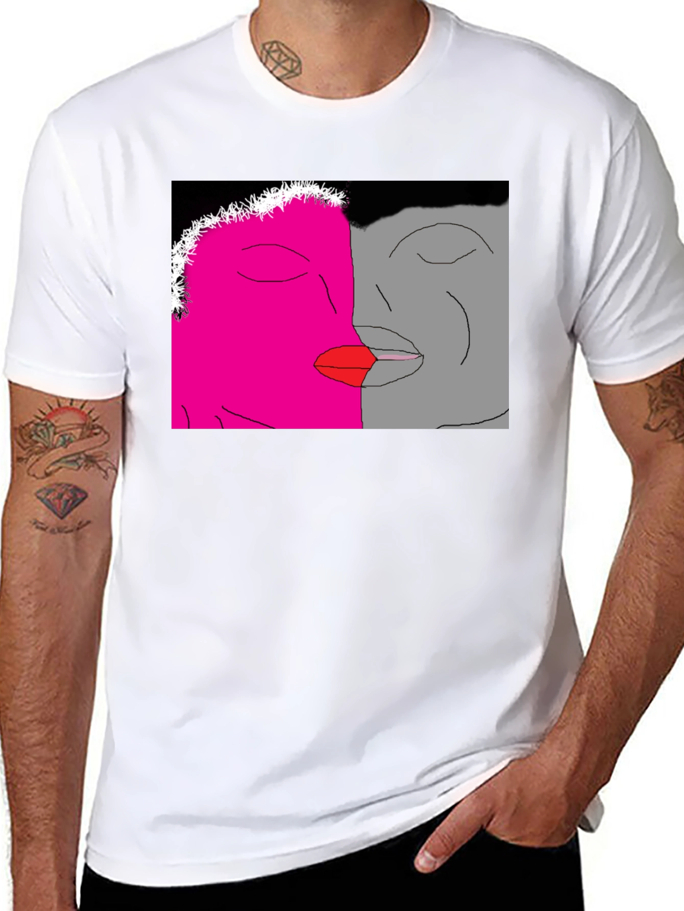 Unique Artistic Black T-Shirt with Kissing Faces Design
