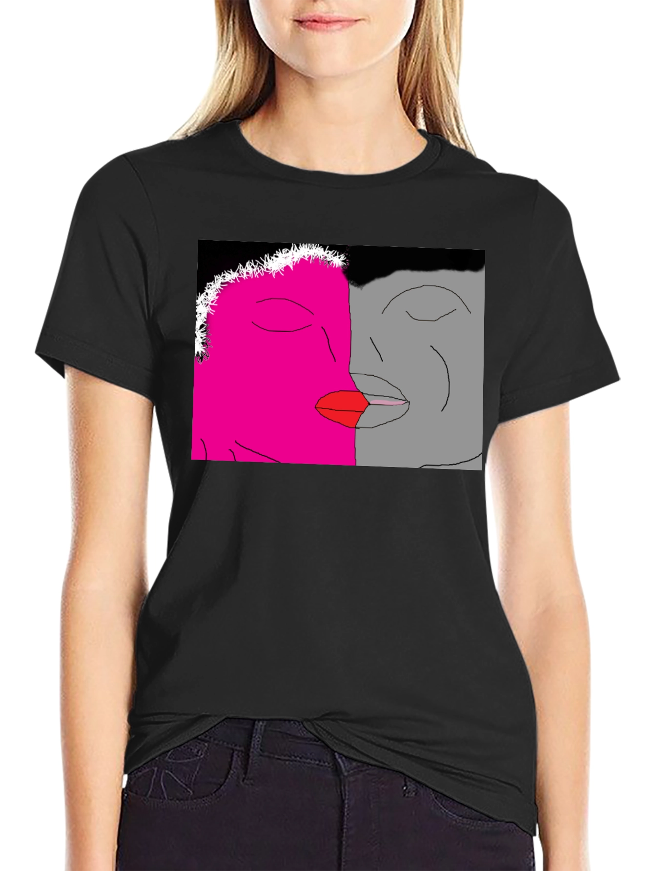 Unique Artistic Black T-Shirt with Kissing Faces Design
