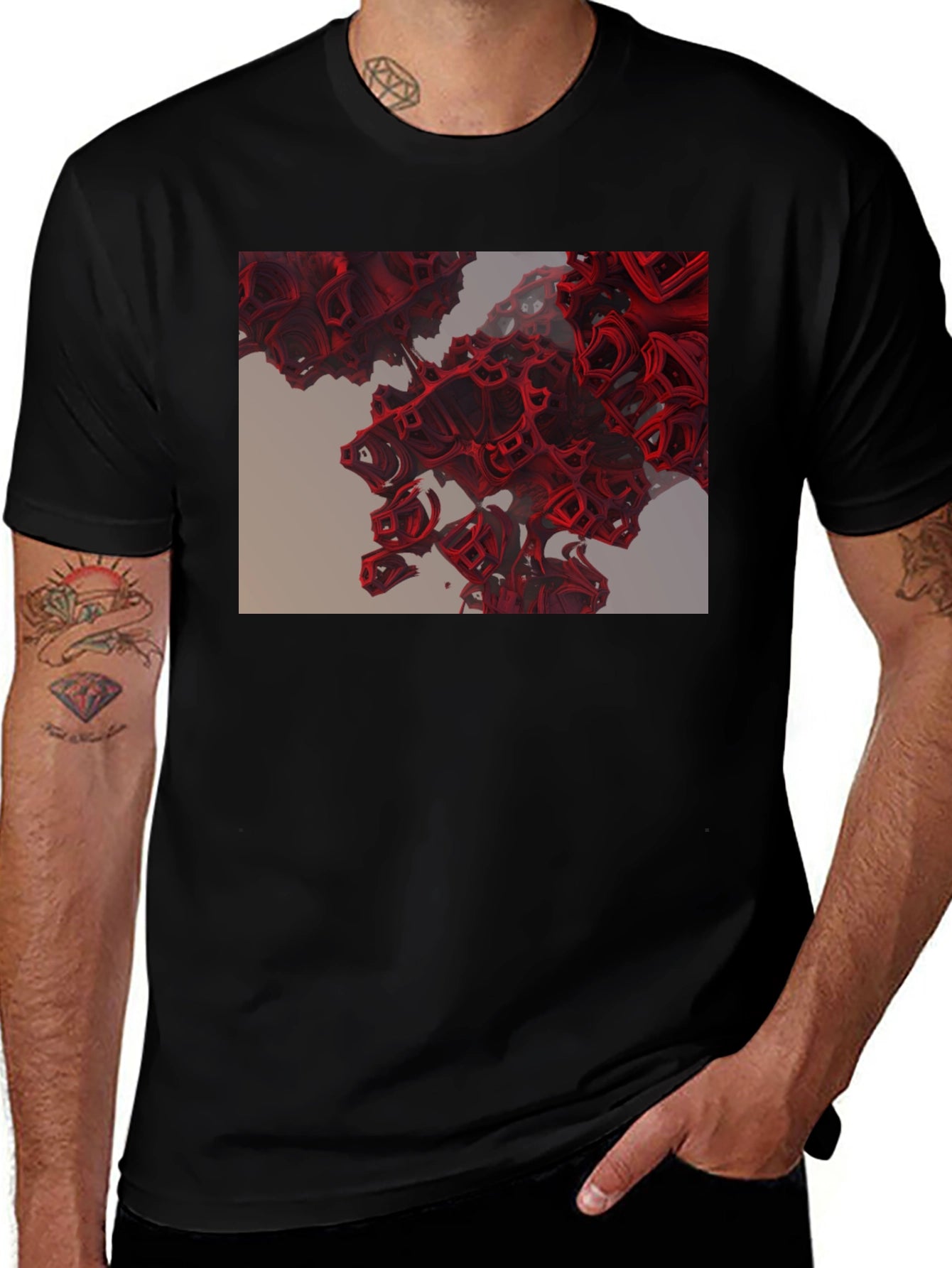 Abstract Red Cube Design Black T-Shirt