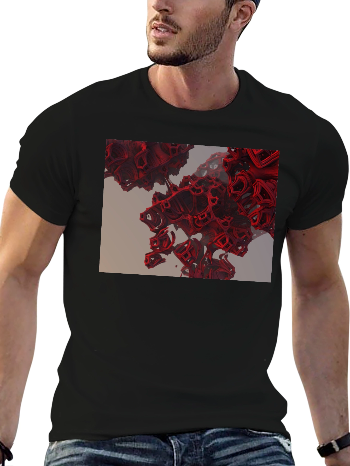 Abstract Red Cube Design Black T-Shirt