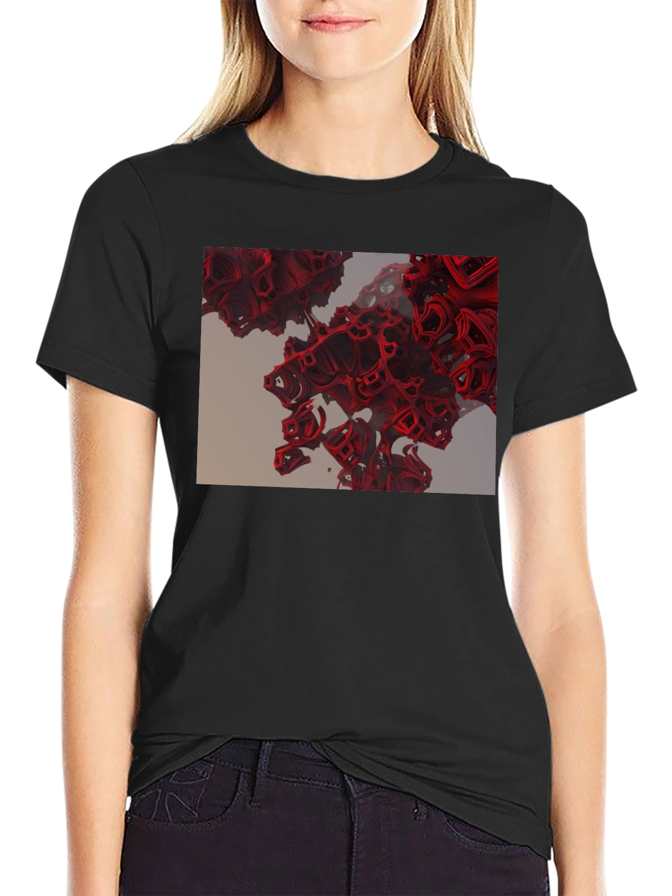 Abstract Red Cube Design Black T-Shirt