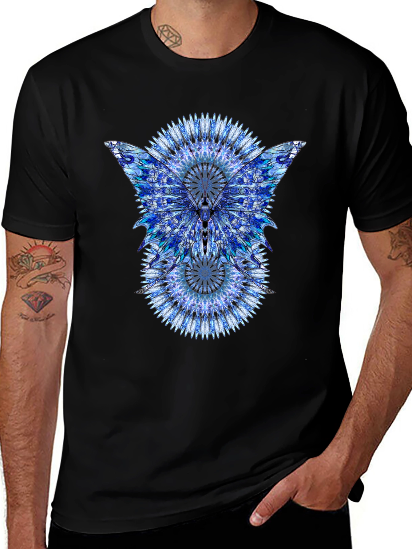 Blue Mandala Butterfly Graphic Print Black T-Shirt