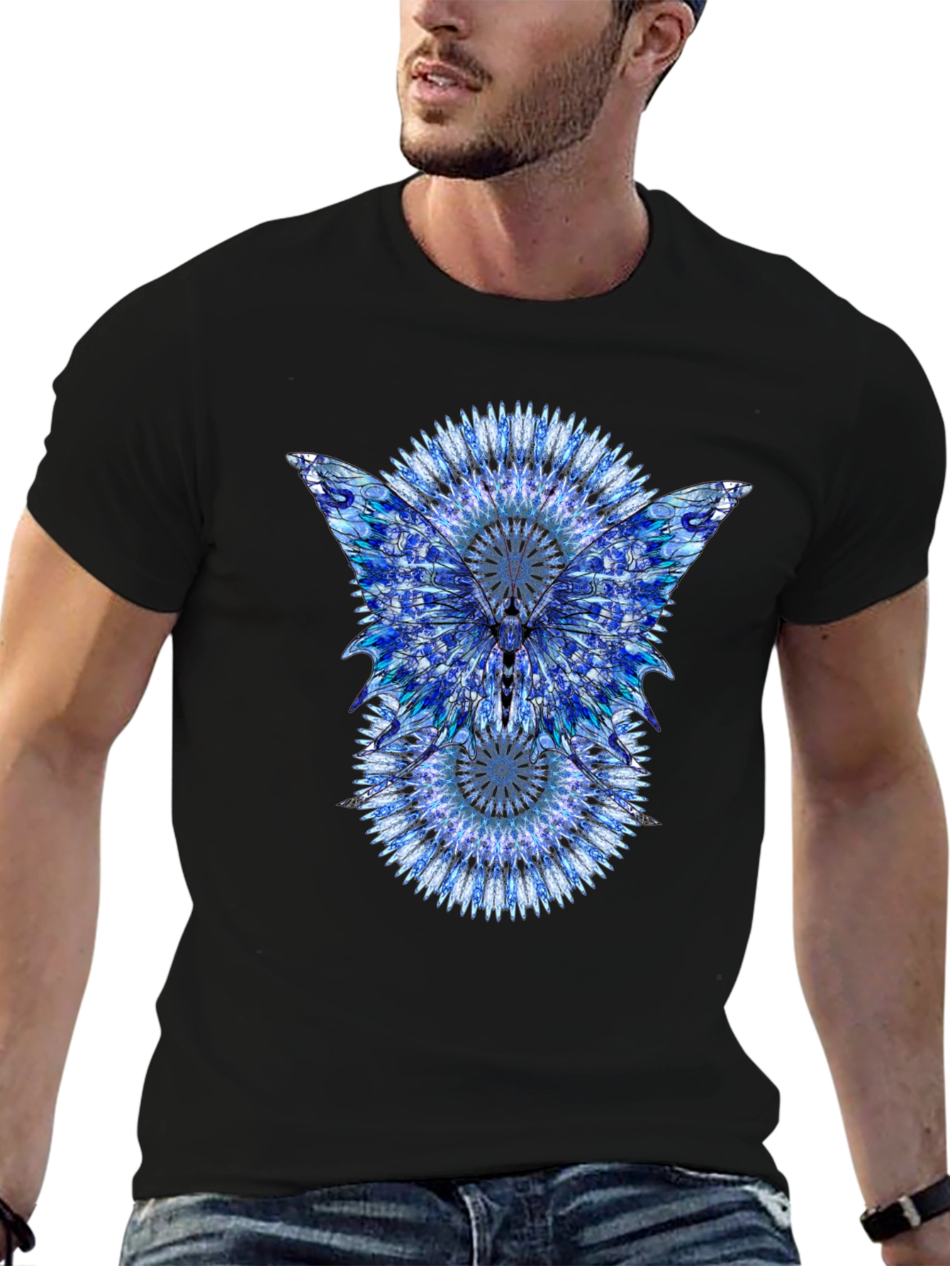 Blue Mandala Butterfly Graphic Print Black T-Shirt