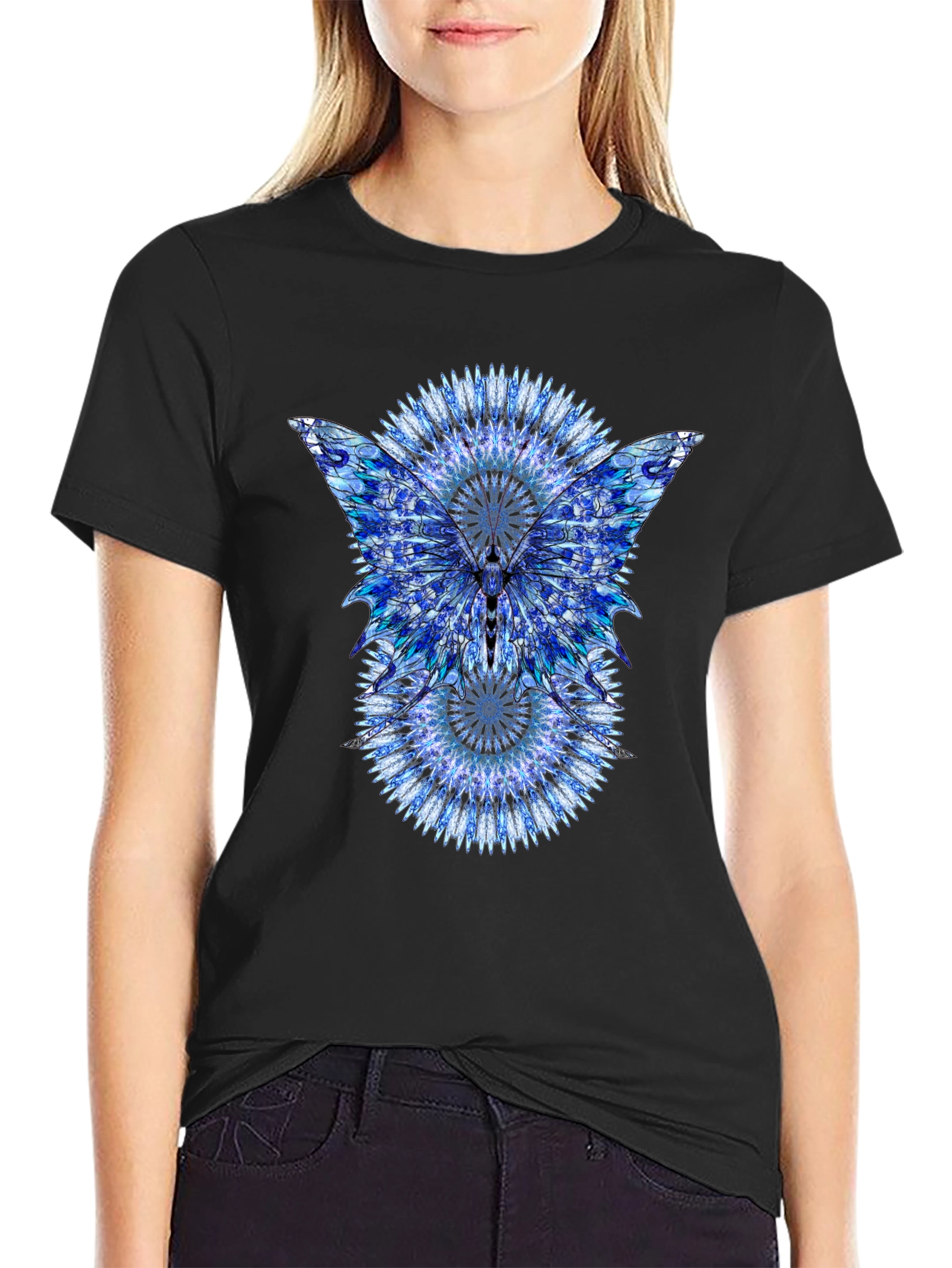 Blue Mandala Butterfly Graphic Print Black T-Shirt