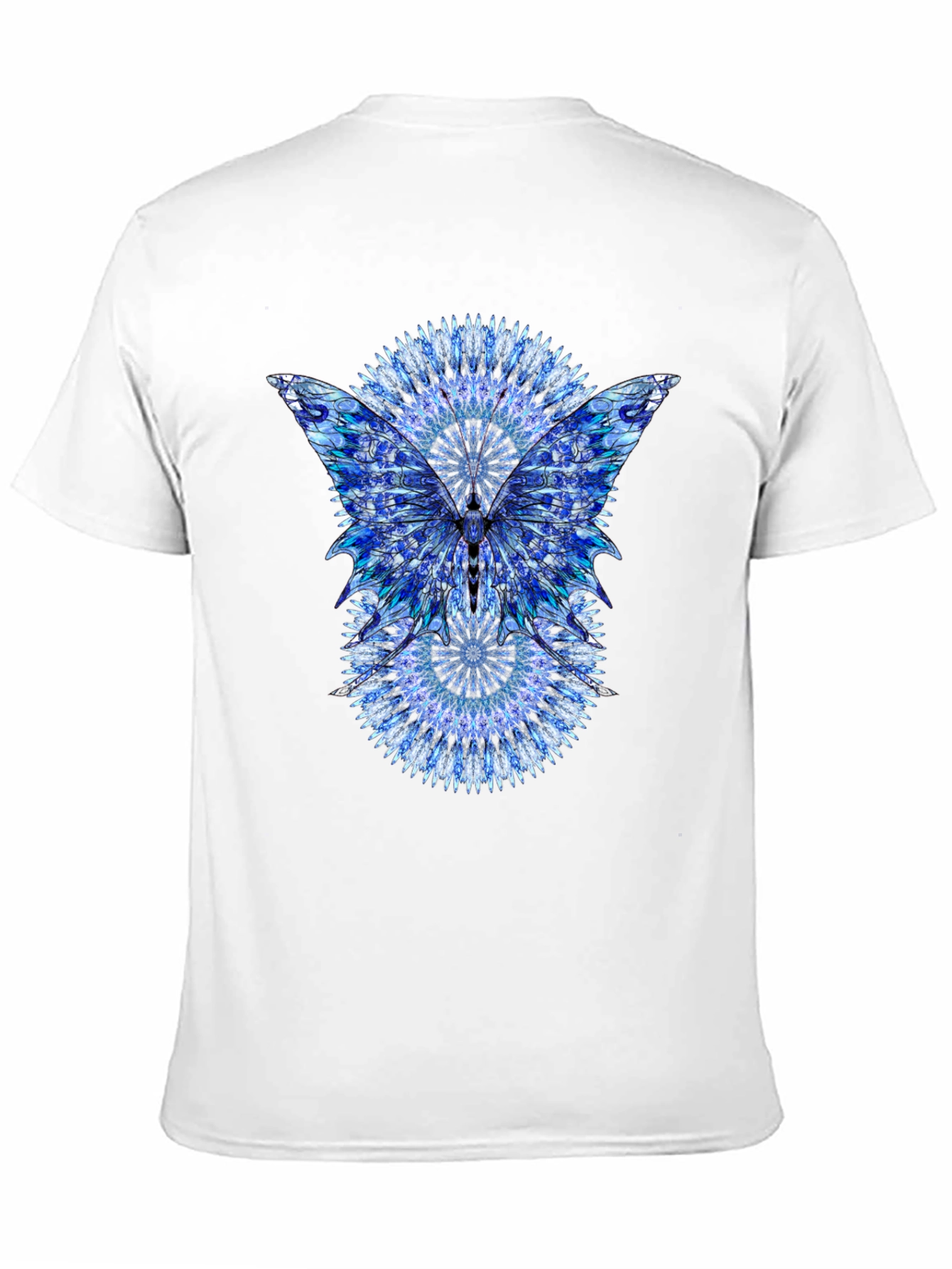 Blue Mandala Butterfly Graphic Print Black T-Shirt
