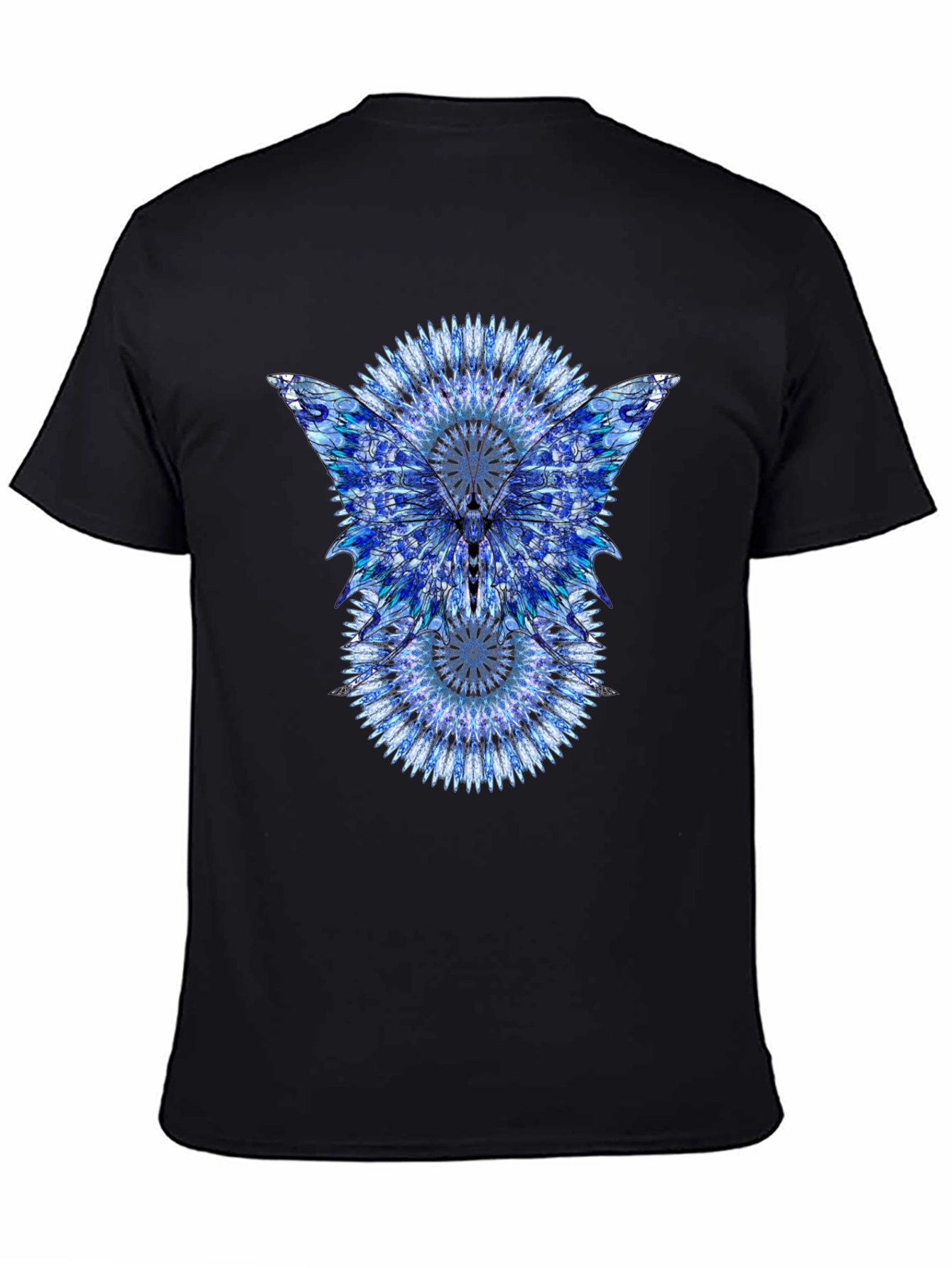 Blue Mandala Butterfly Graphic Print Black T-Shirt
