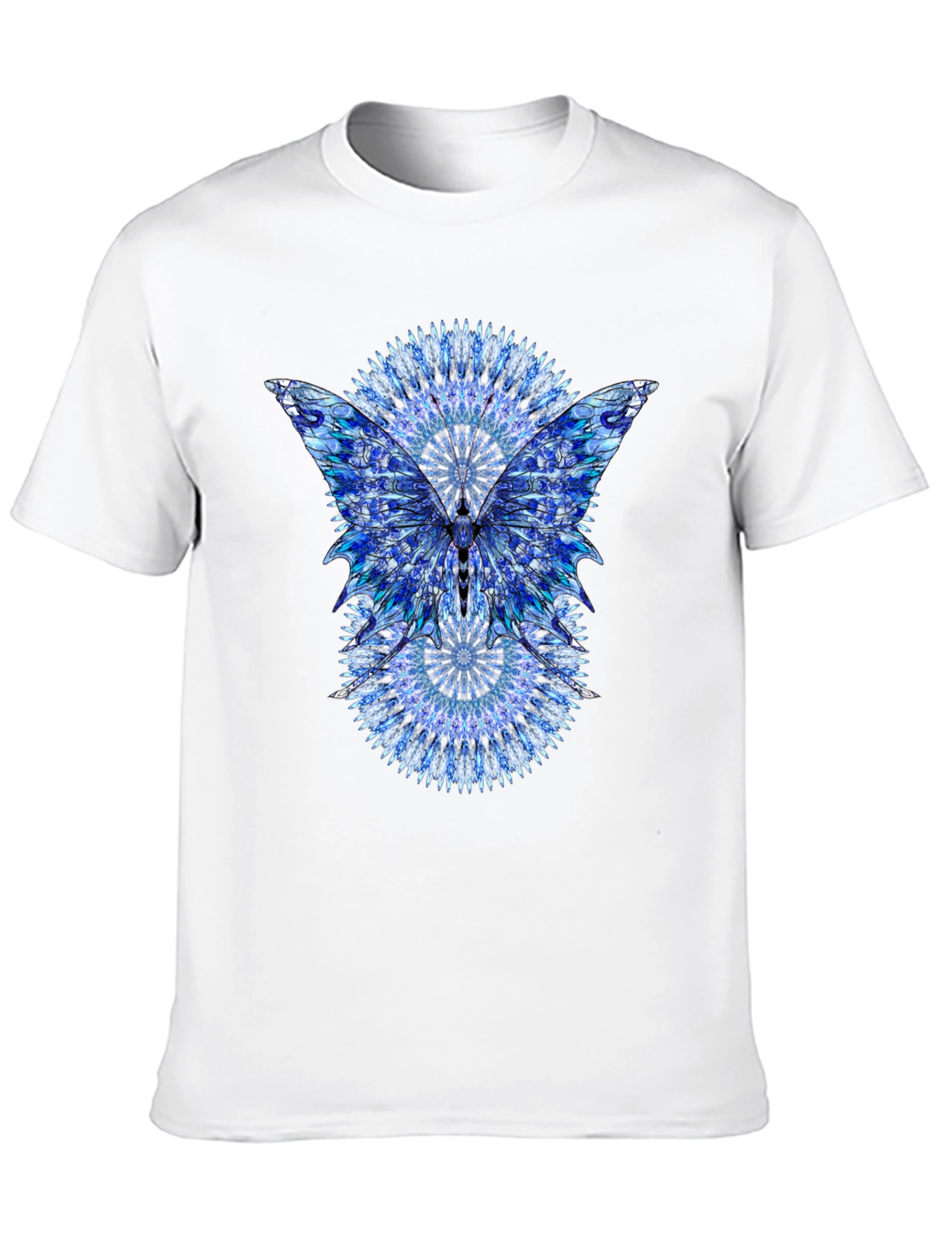 Blue Mandala Butterfly Graphic Print Black T-Shirt