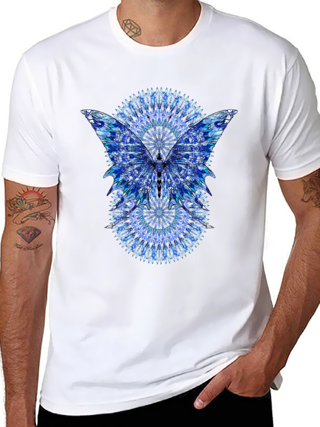Blue Mandala Butterfly Graphic Print Black T-Shirt