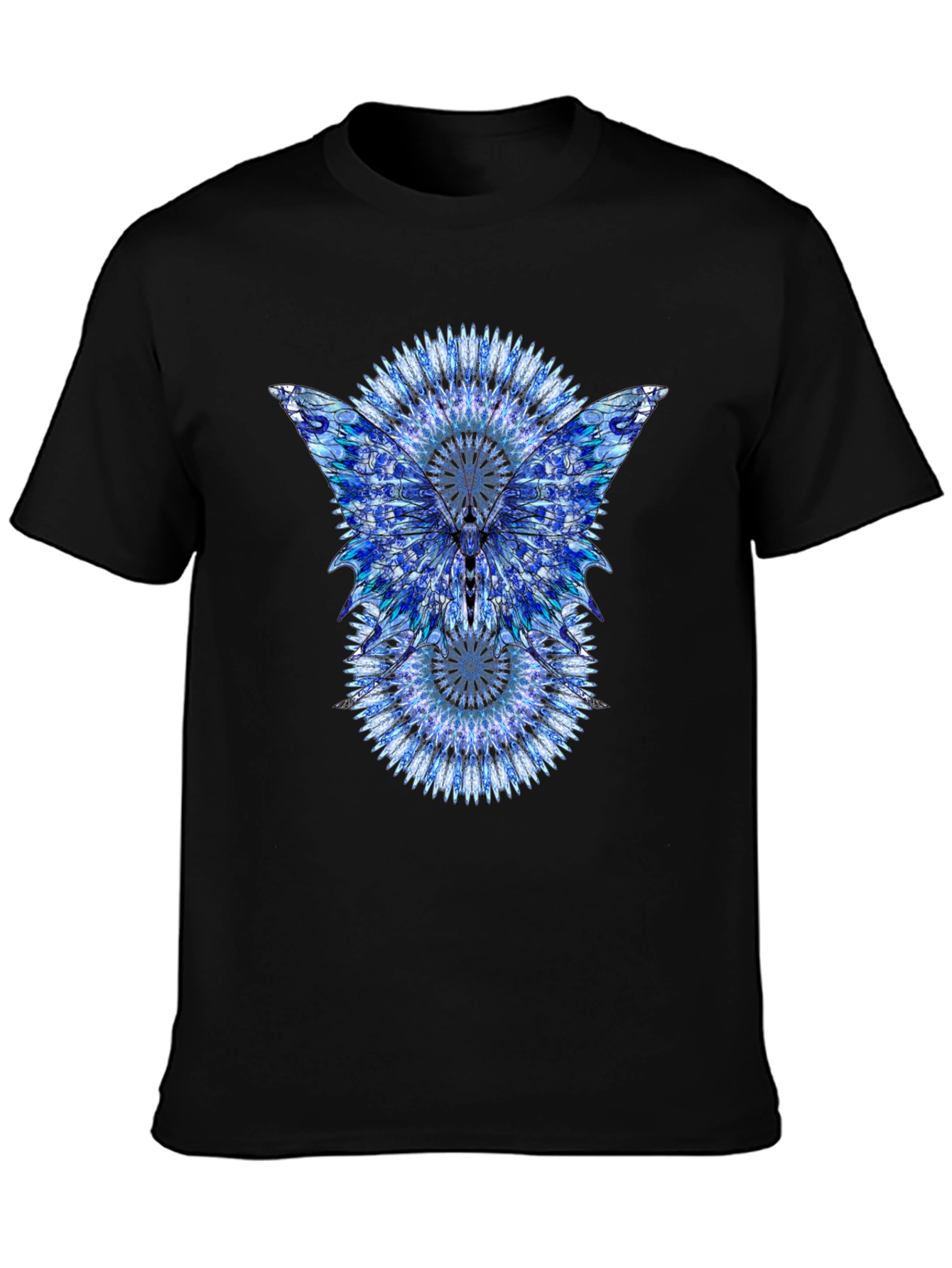 Blue Mandala Butterfly Graphic Print Black T-Shirt